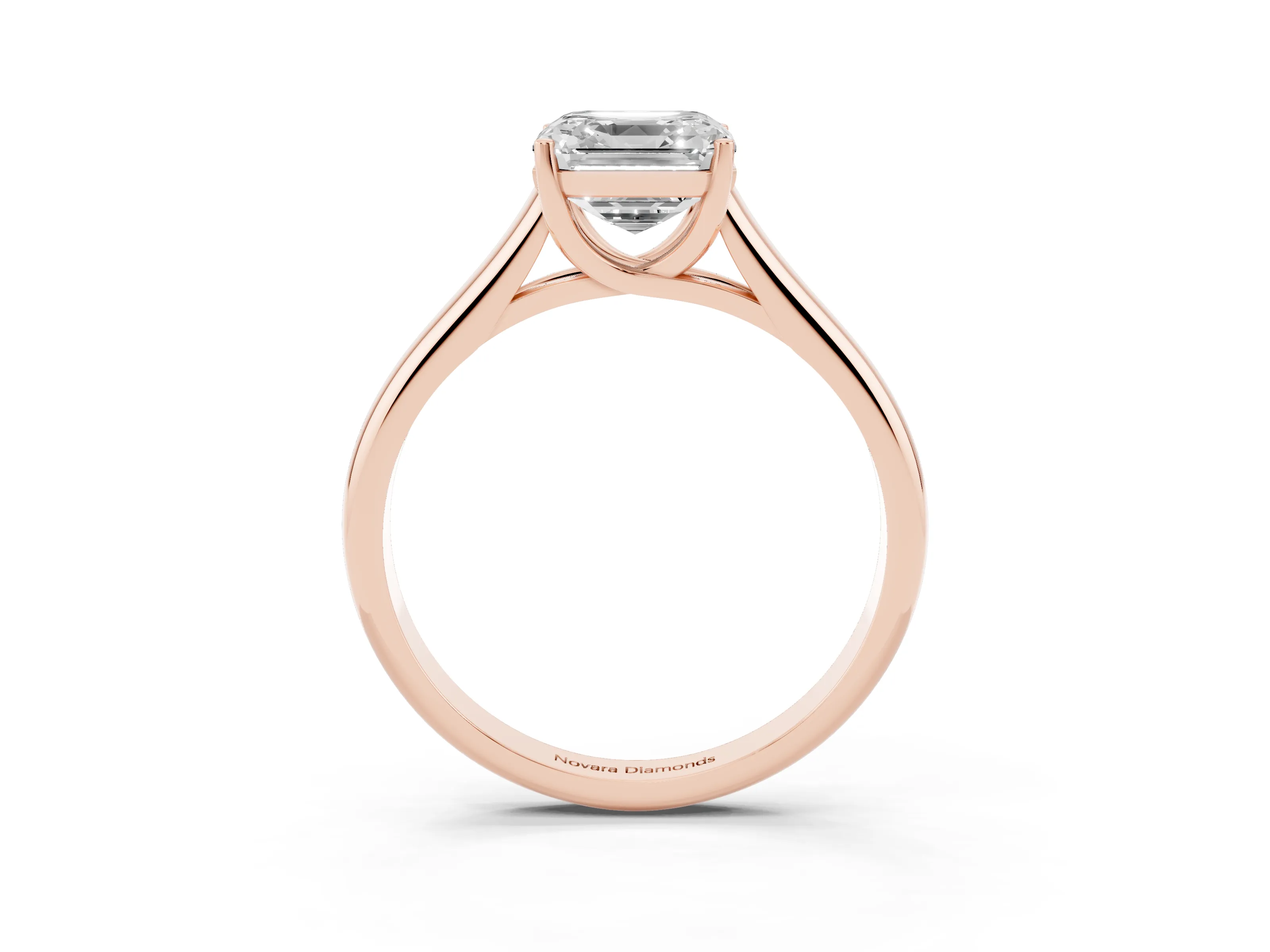 Asscher Cut Diamond Solitaire Engagement Ring Set in Rose gold with Subtly Tapered Band and Prong Setting