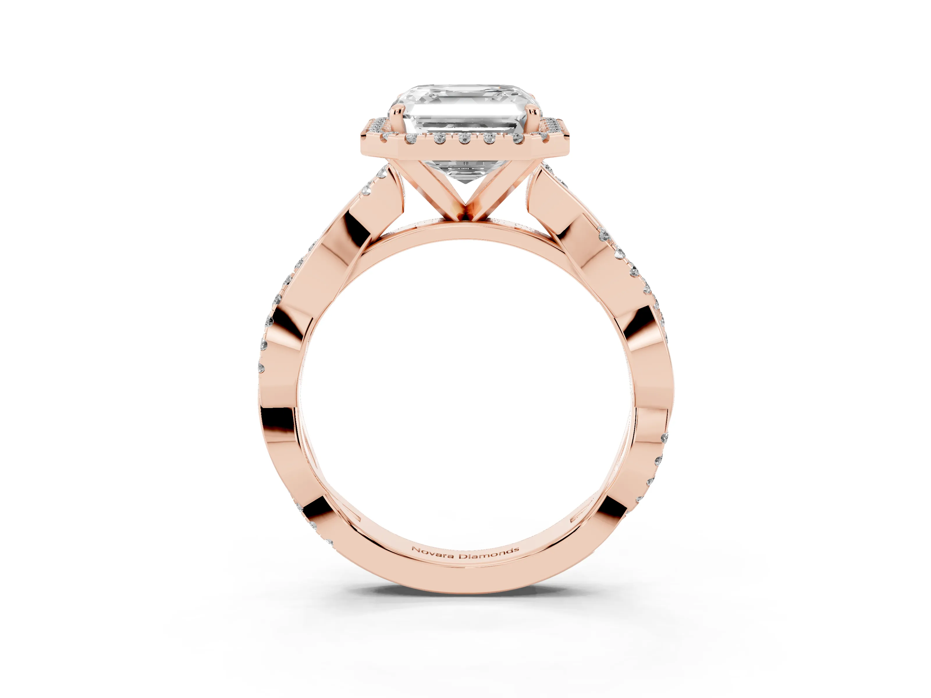 Asscher Cut Diamond Halo Twisted Band Ring Set in Rose gold with Prong Setting