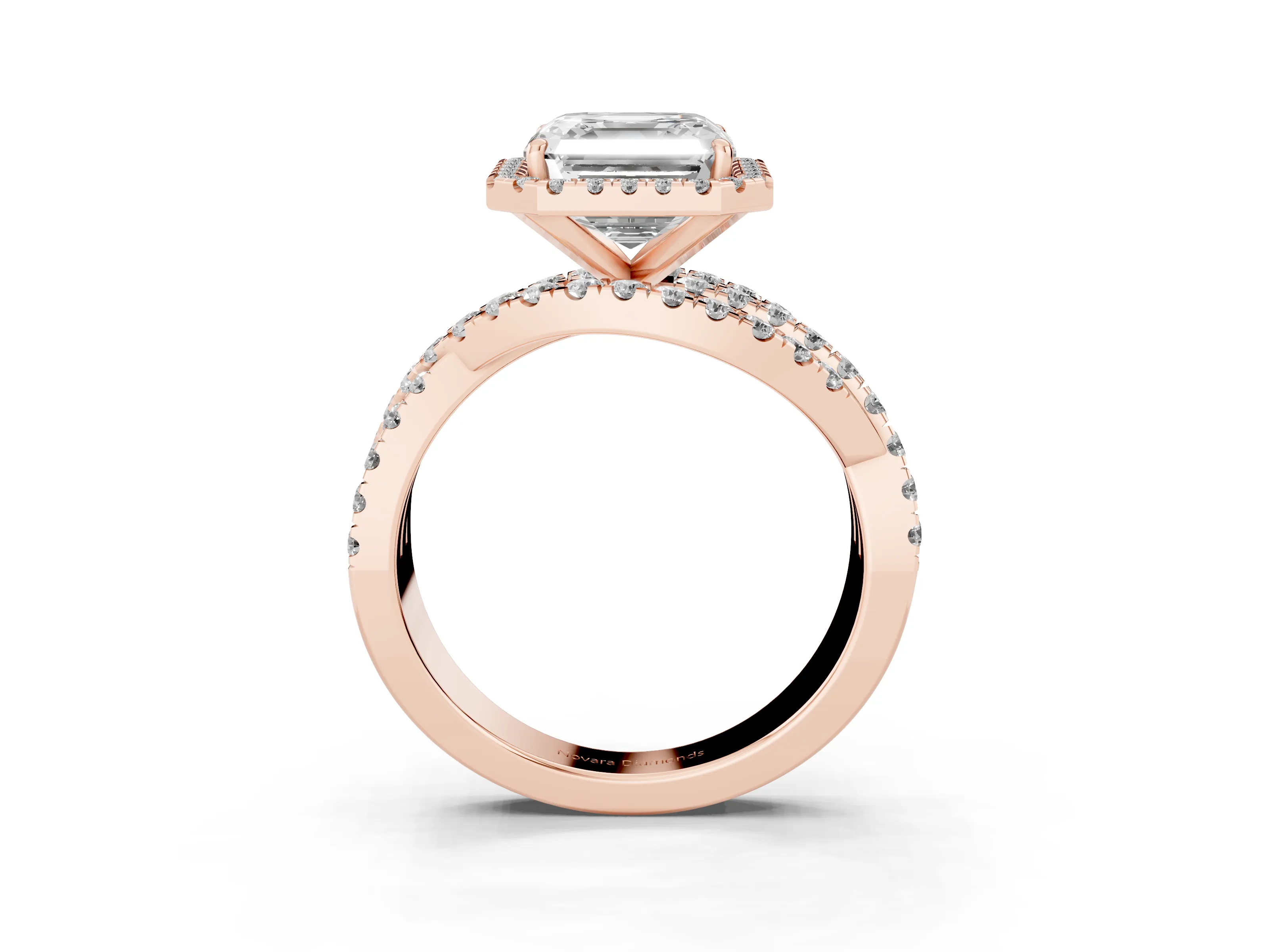 Asscher Cut Diamond Halo Ring Set in Rose gold with Round Crossover Split Shank and Prong Setting
