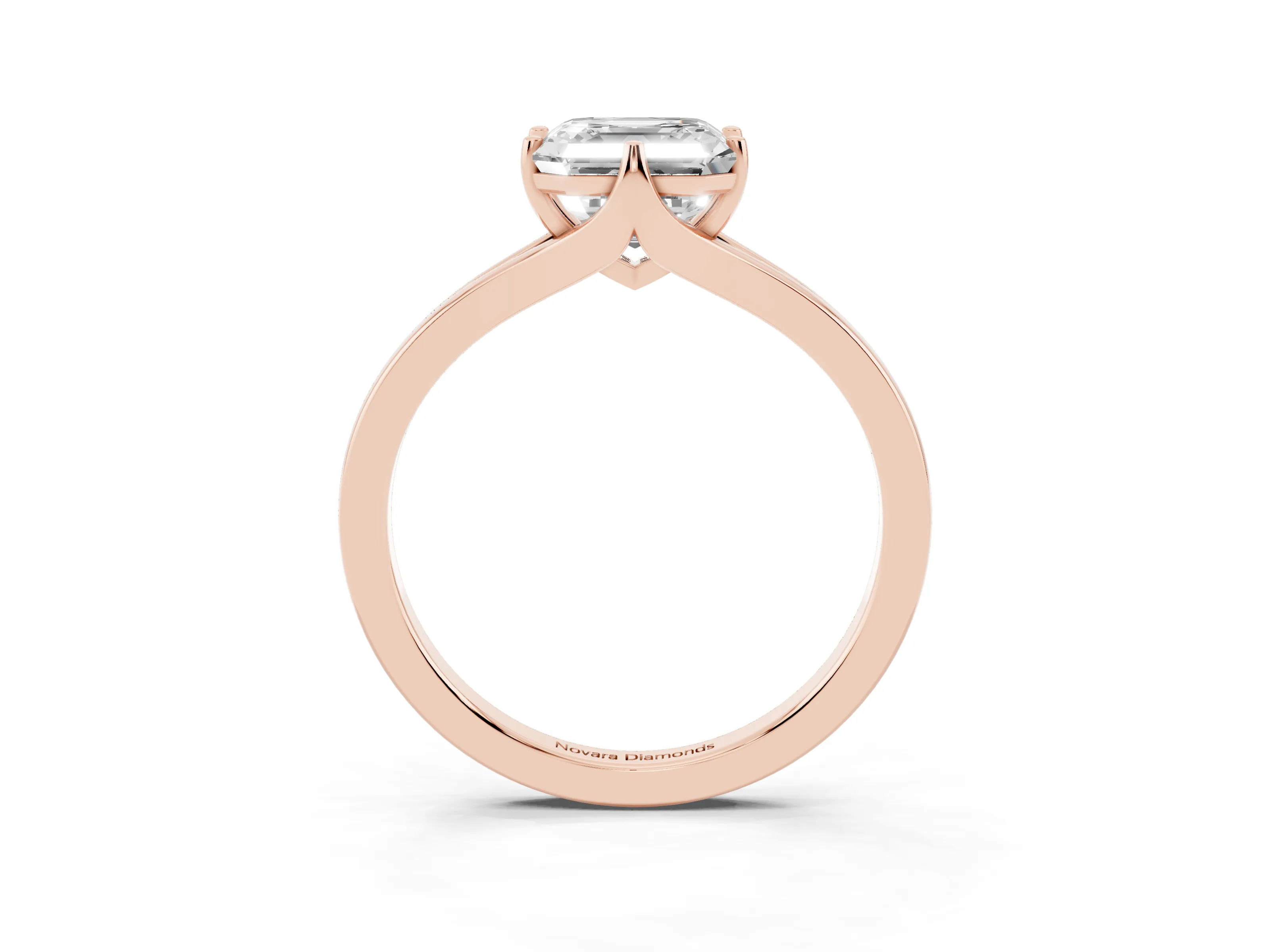 Asscher Cut Diamond Solitaire Ring Set in Rose gold with Polished Tapered Band and Prong Setting