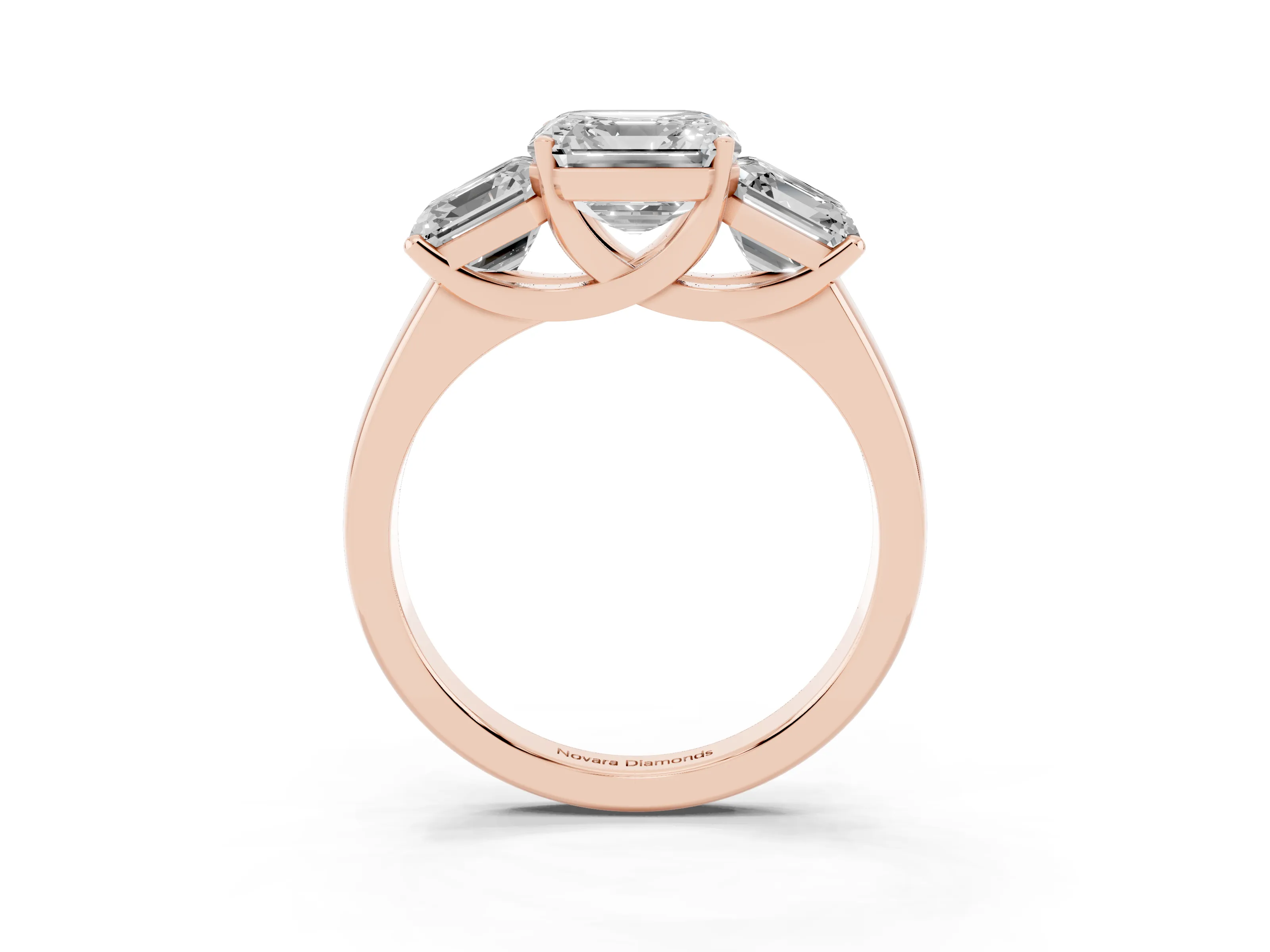 Asscher Cut Diamond Three-Stone Ring Set in Rose gold with Classic Prong Setting and Plain Band