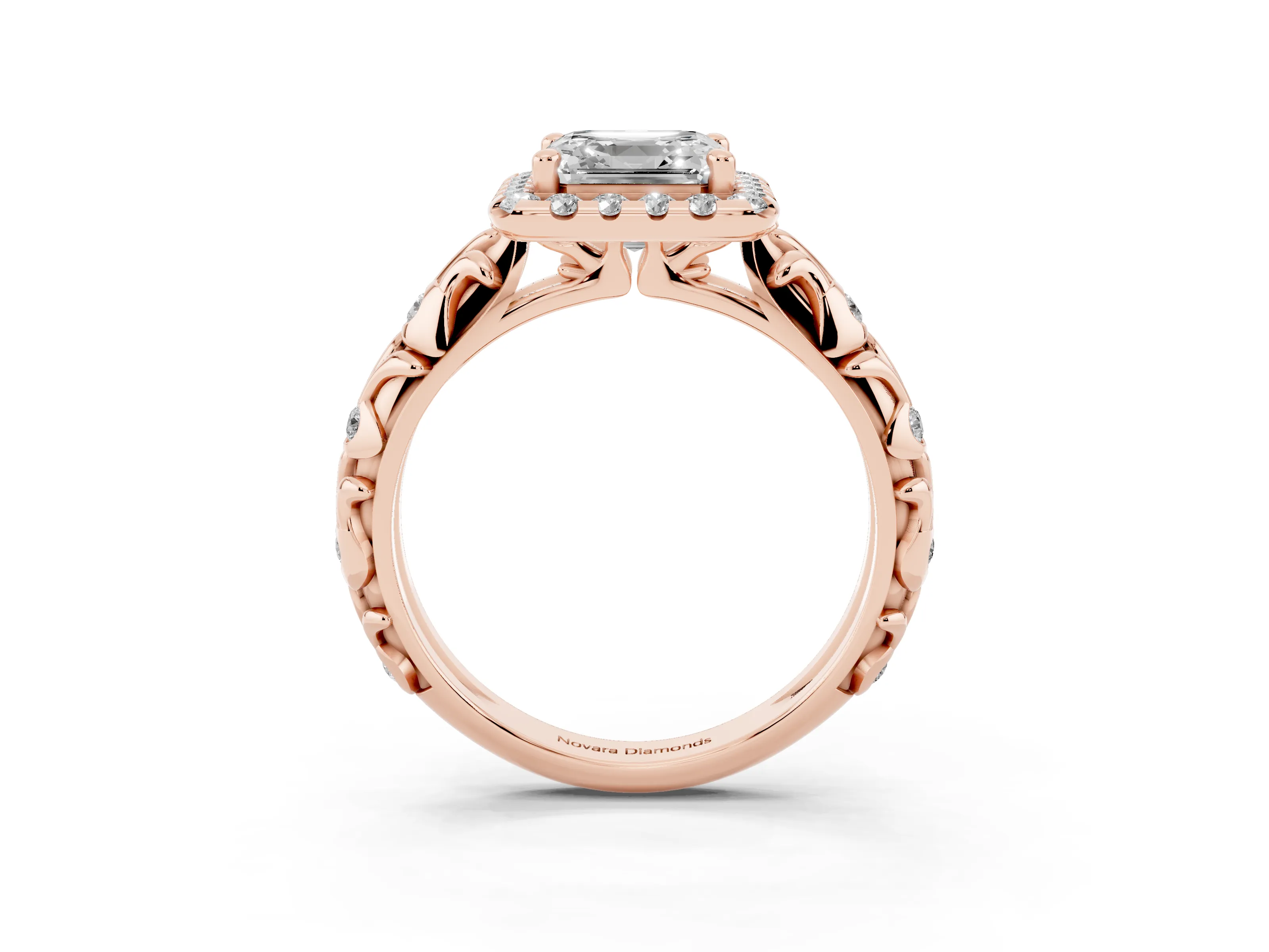 Asscher Cut Diamond Halo Ring Set in Rose gold with Filigree Leaf Band and Prong Setting
