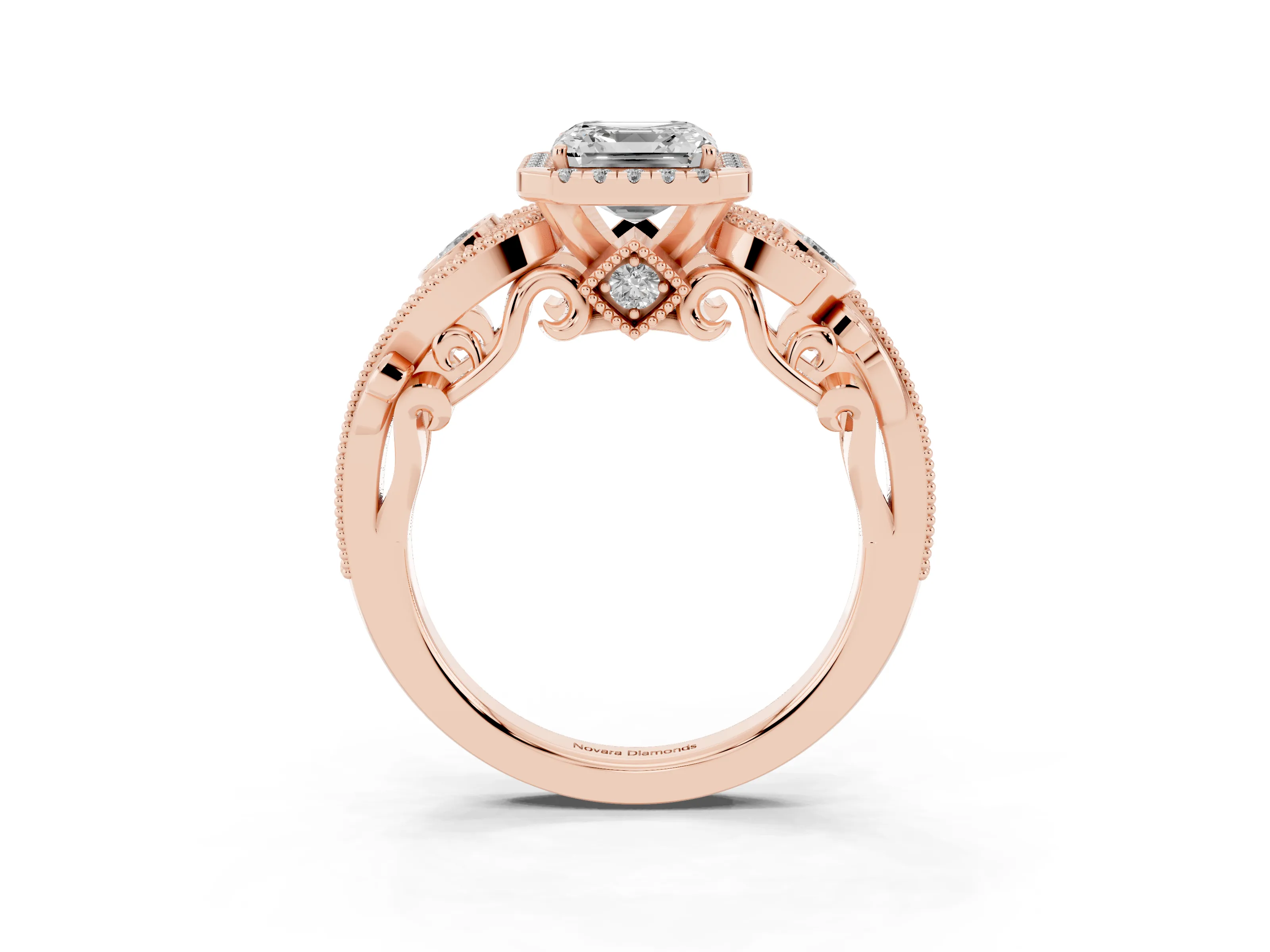 Asscher Cut Diamond Halo Ring Set in Rose gold with Milgrain Pavé Band and Prong Setting