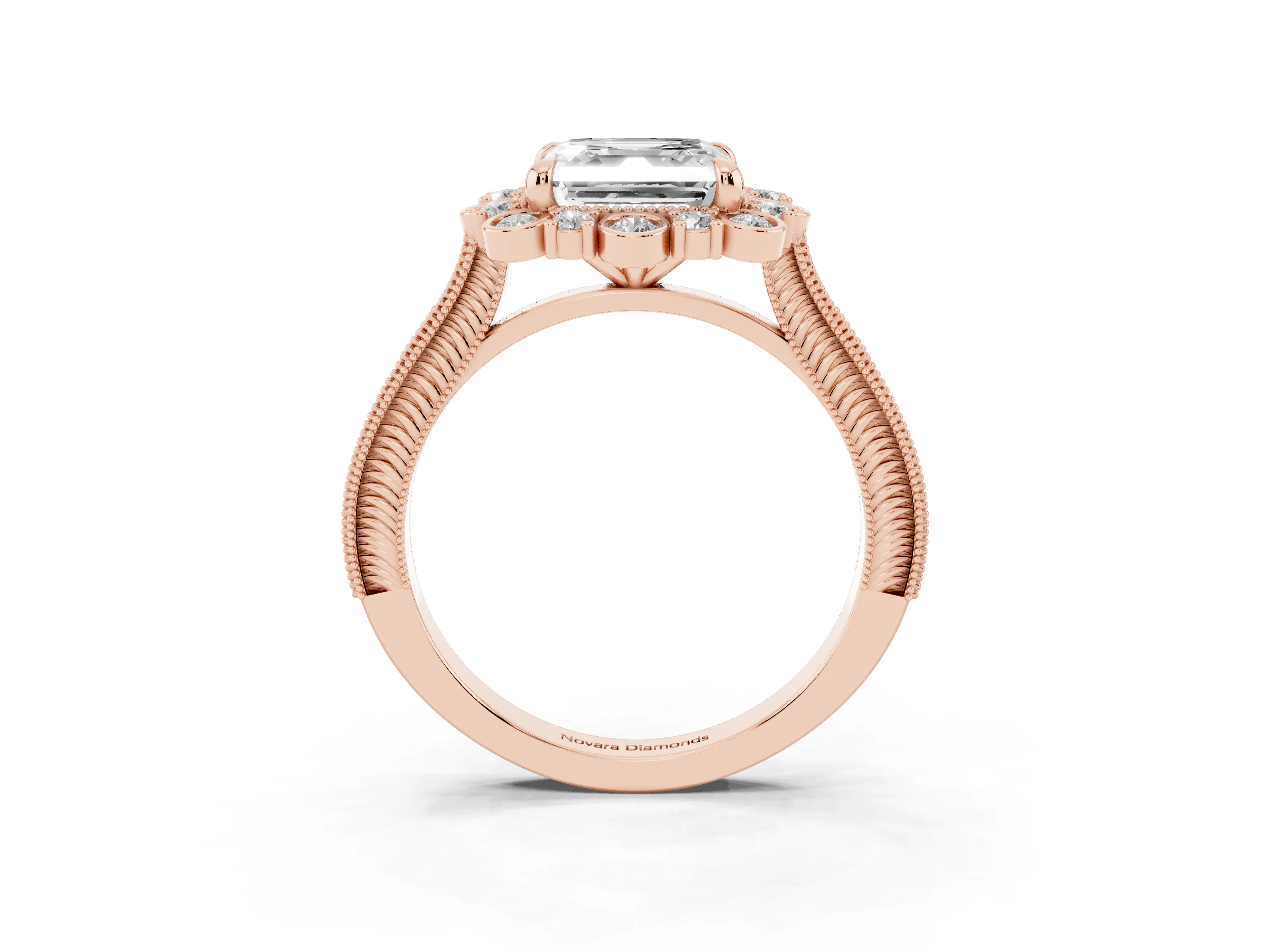 Asscher Cut Diamond Halo Milgrain Pavé Ring Set in Rose gold with Prong Setting