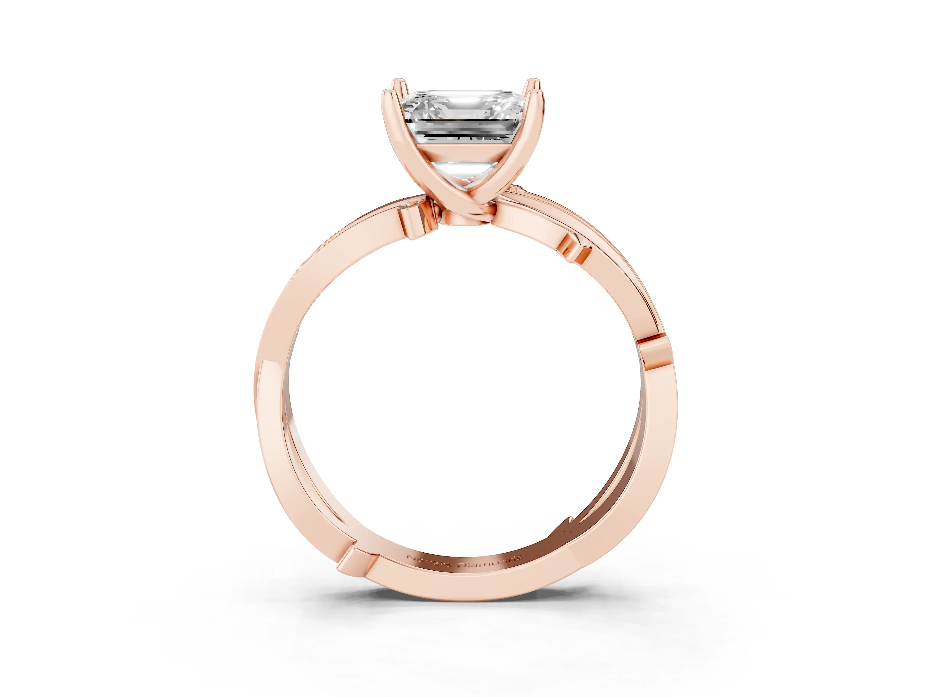 Asscher Cut Diamond Pavé Twist Band Solitaire Ring Set in Rose gold with Prong Setting