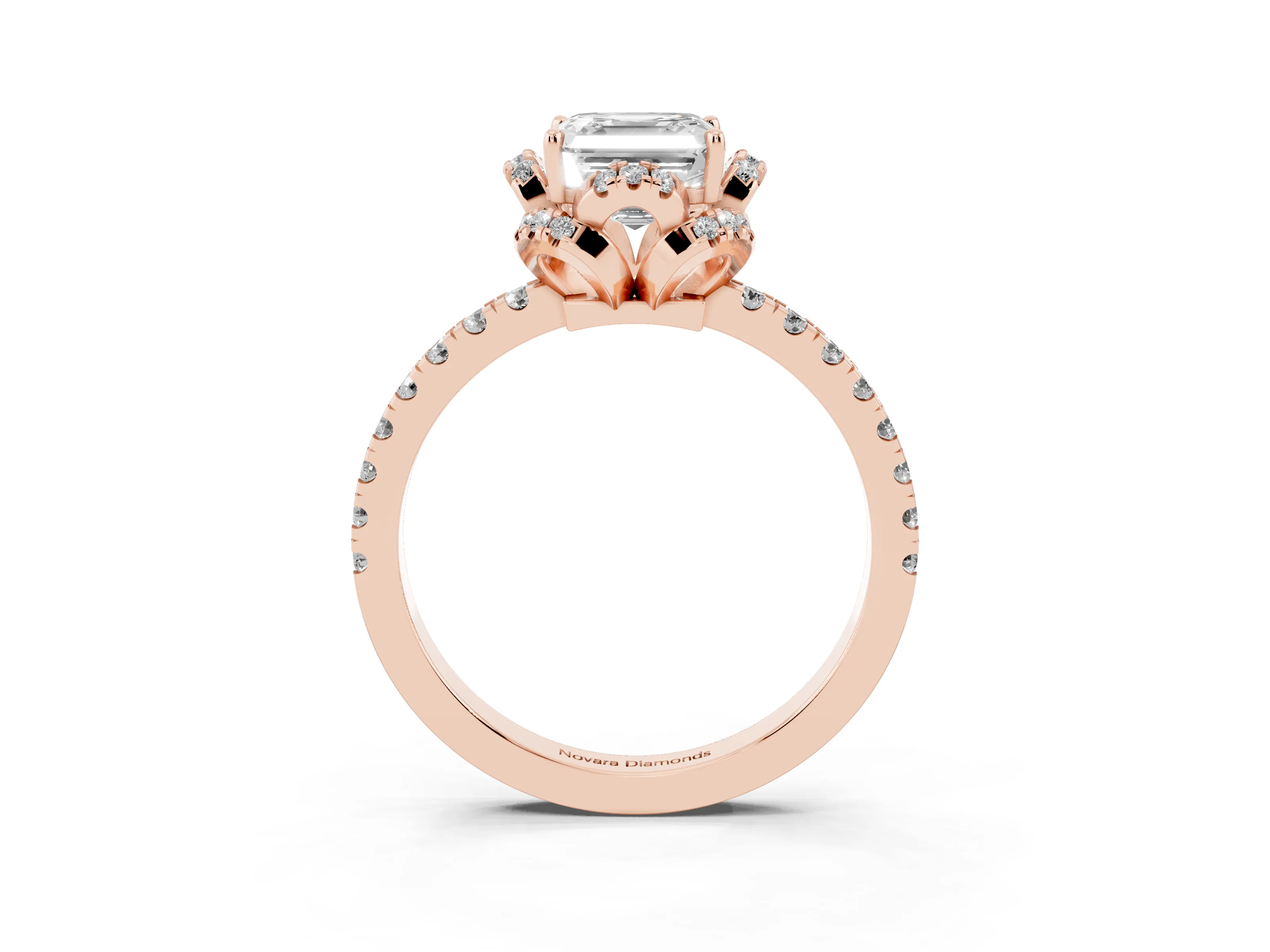 Asscher Cut Diamond Halo Pavé Band Ring Set in Rose gold with Prong-Held Center