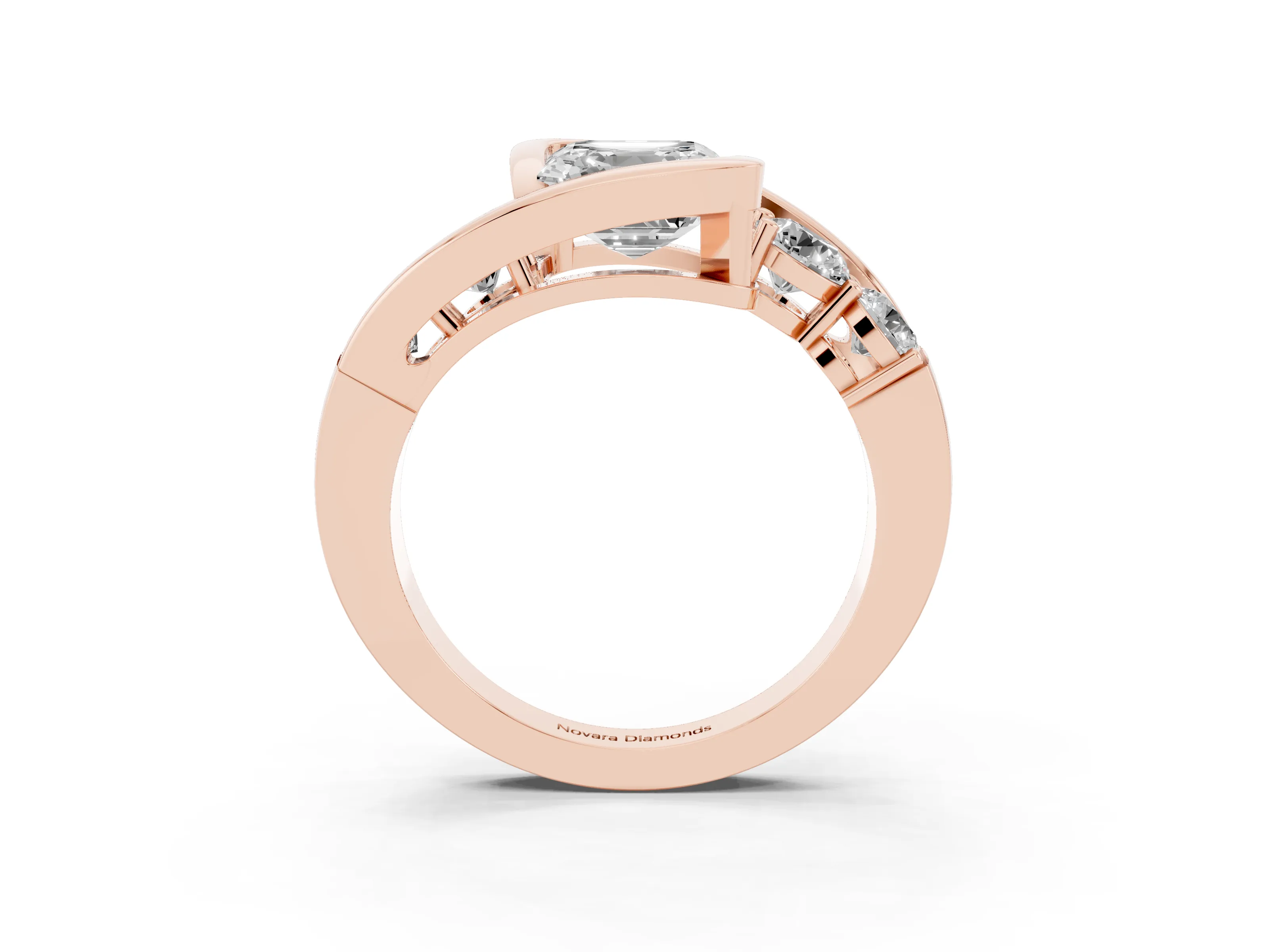 Asscher Cut Diamond Bezel Bypass Ring Set in Rose gold with Round Accents