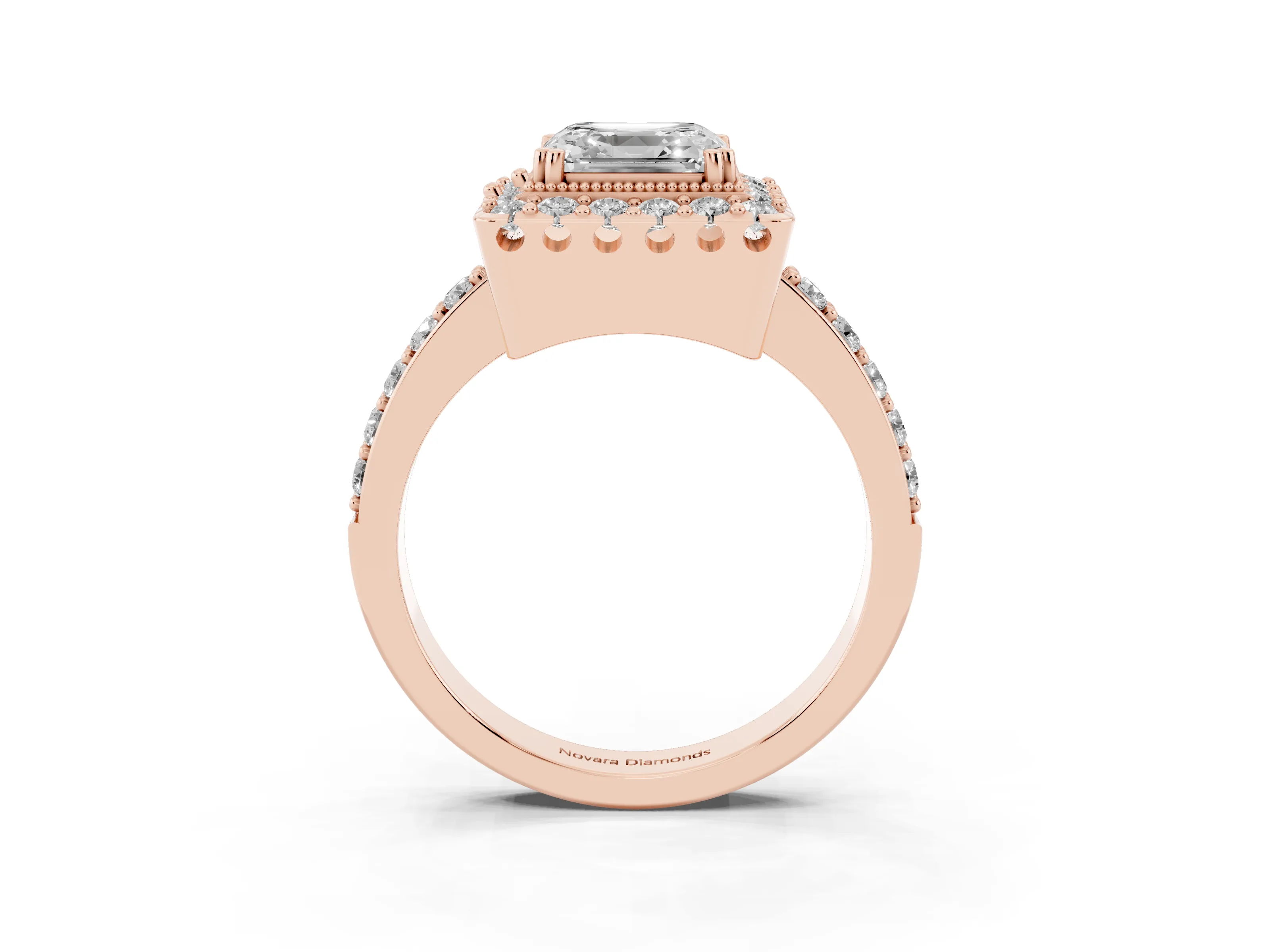 Asscher Cut Diamond Halo Ring Set in Rose gold with Pavé Shank and Prong Setting