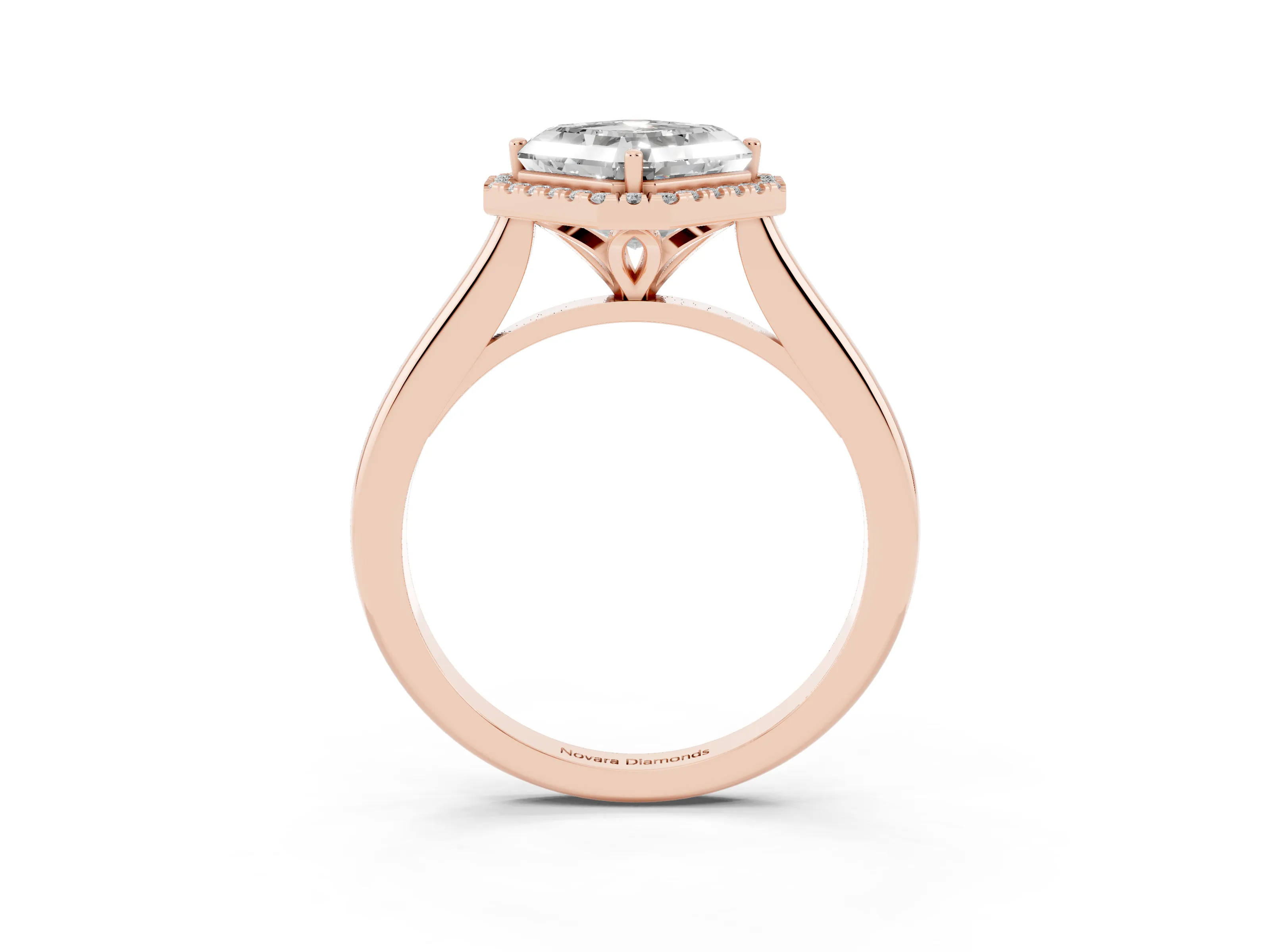 Asscher Cut Diamond Halo Engagement Ring Set in Rose gold with Pavé Band and Rising Shoulders