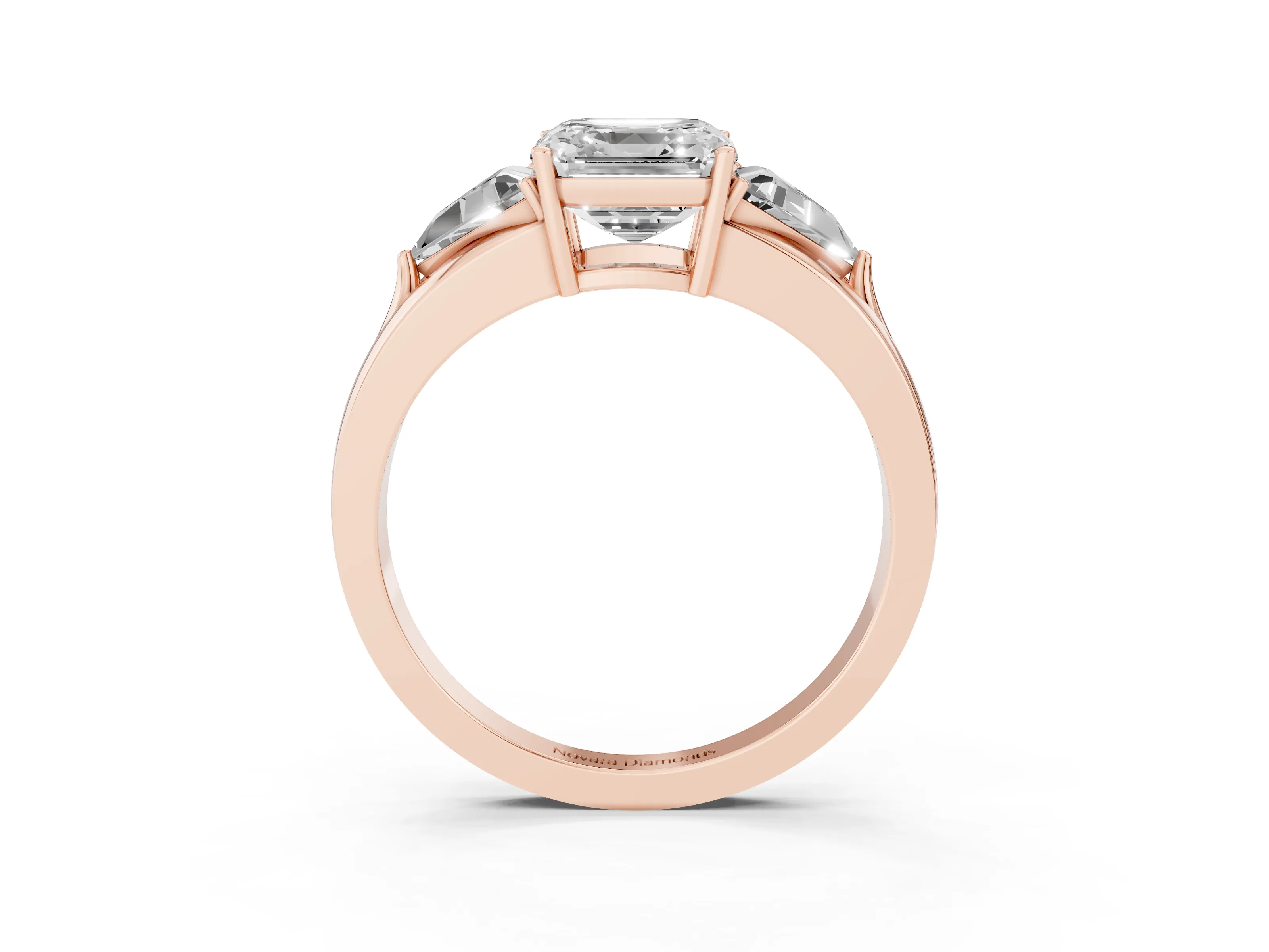 Asscher Cut Diamond Three-Stone Ring Set in Rose gold with Trillion Side Stones and Split Shank