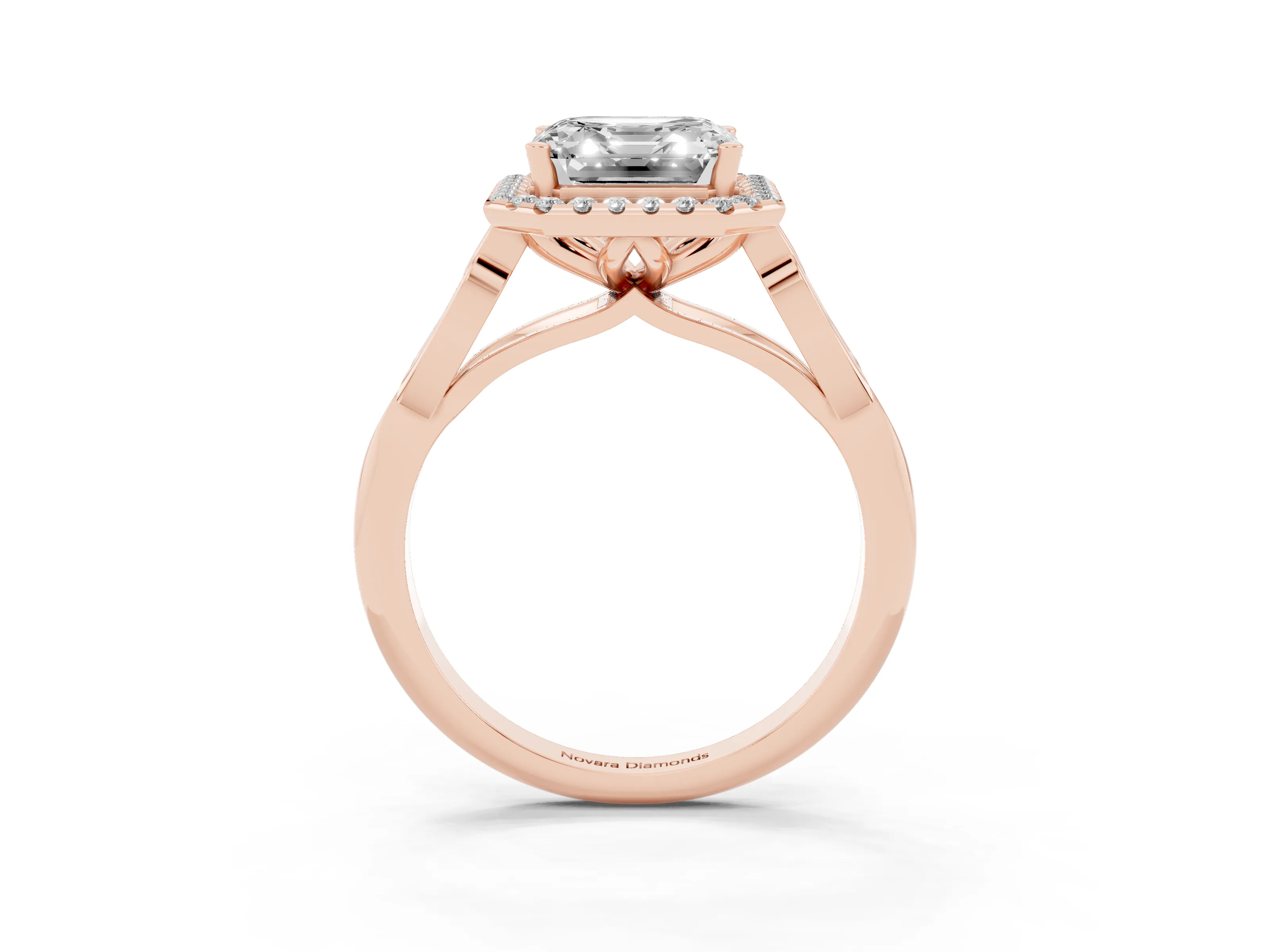 Asscher Cut Diamond Halo Engagement Ring Set in Rose gold with Filigree Band and Prong-Set Center