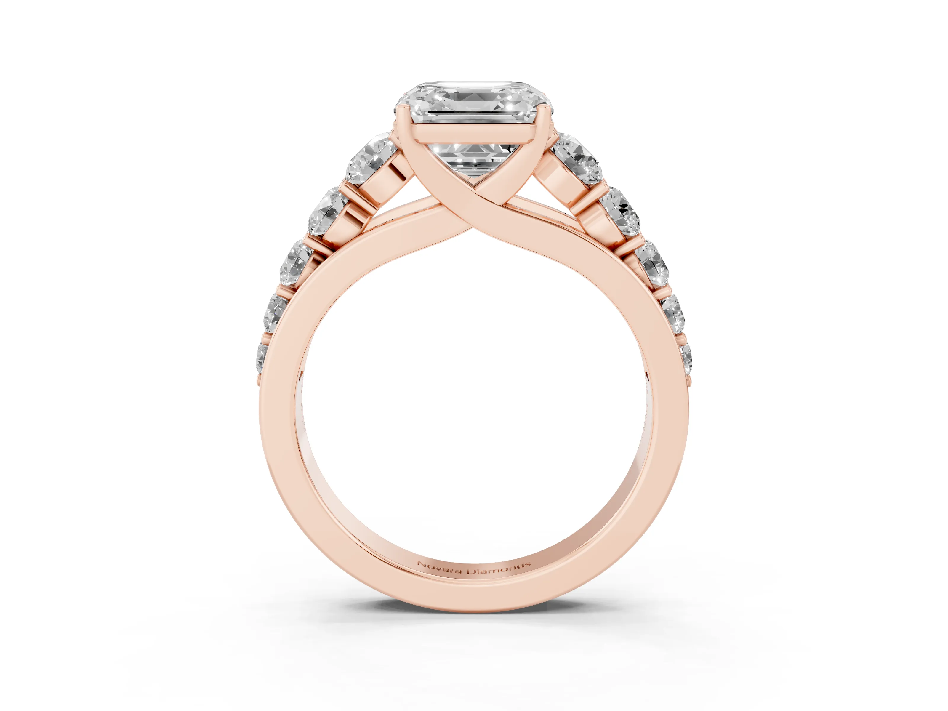 Asscher Cut Diamond Solitaire Ring Set in Rose gold with Pavé-Set Band and Prong Setting