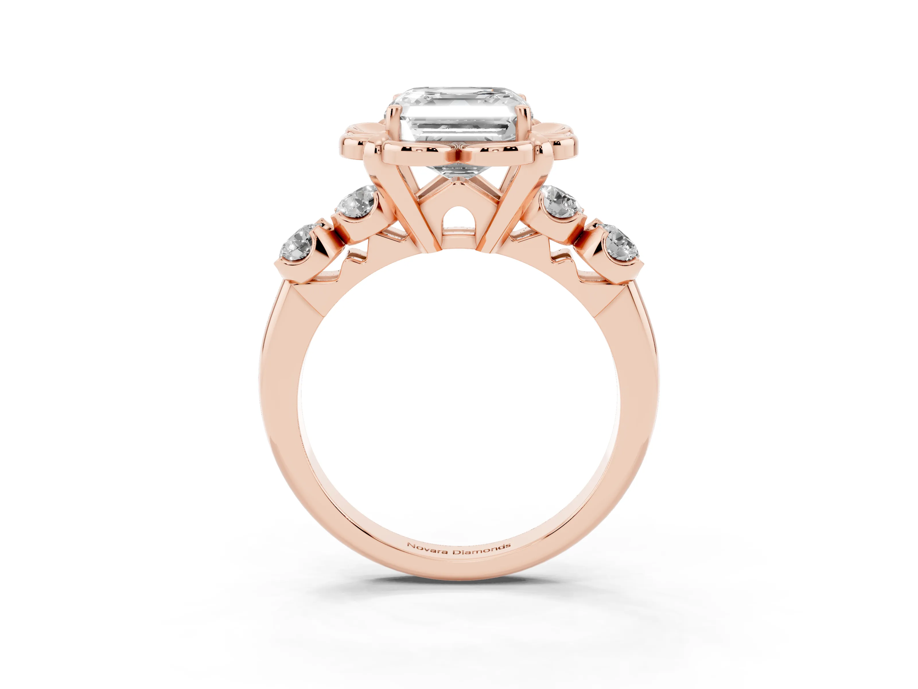 Asscher Cut Diamond Floral Halo Ring Set in Rose gold with Shared Prong Band