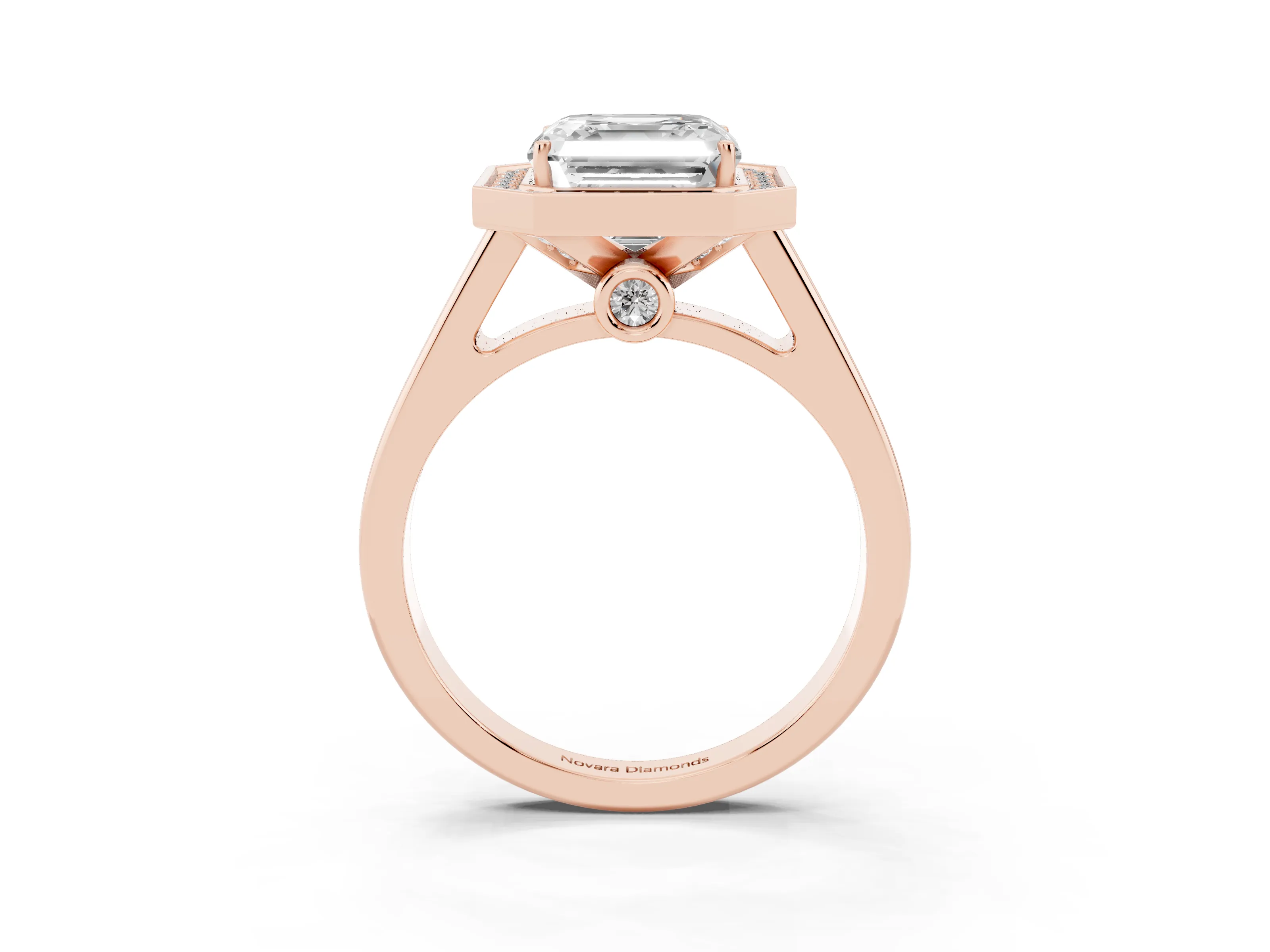 Asscher Cut Diamond Halo Solitaire Ring Set in Rose gold with Pavé Band and Bezel Setting