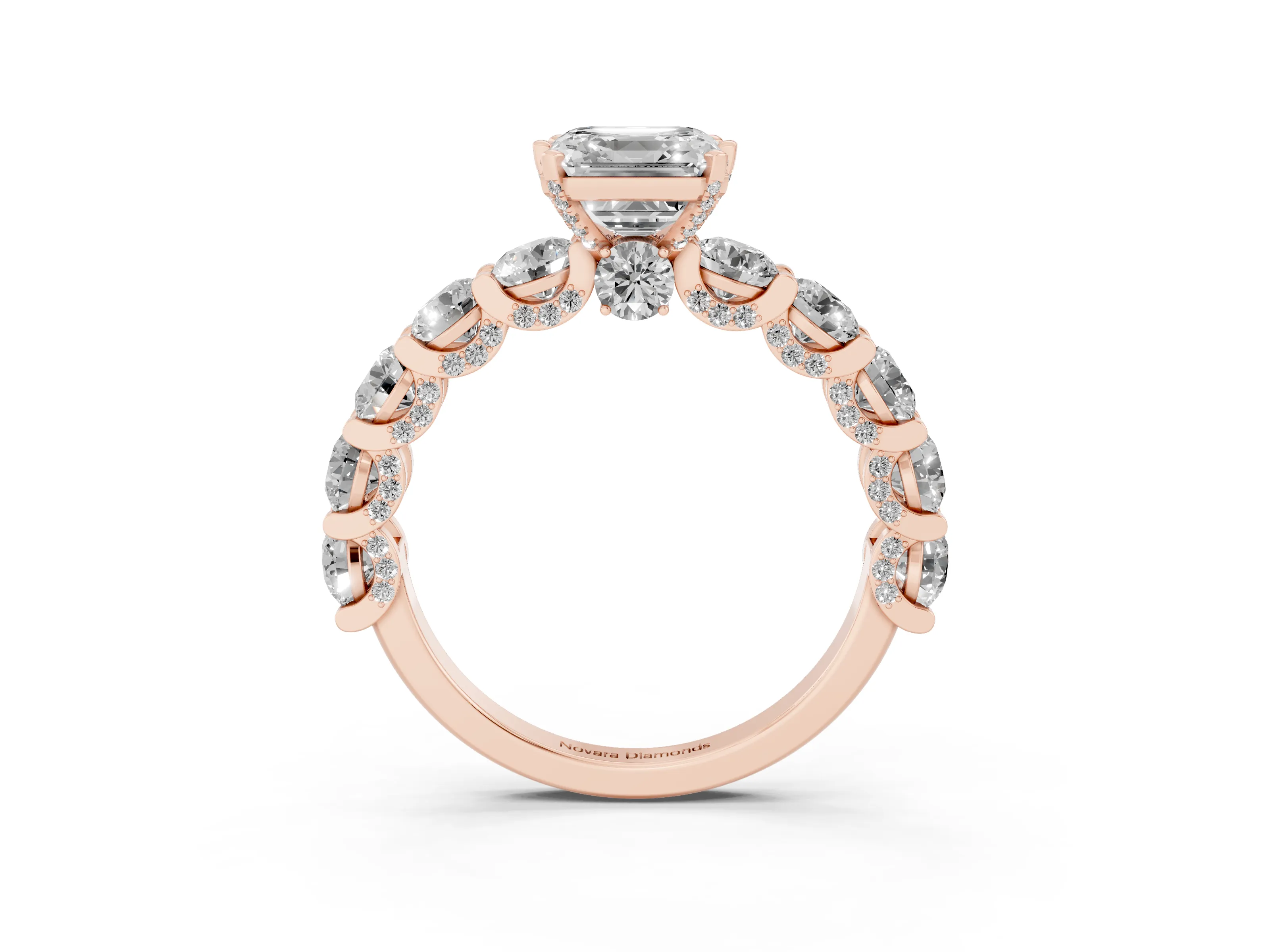 Asscher Cut Diamond Side Stone Ring Set in Rose gold with Alternating Round and Oval Side Stones