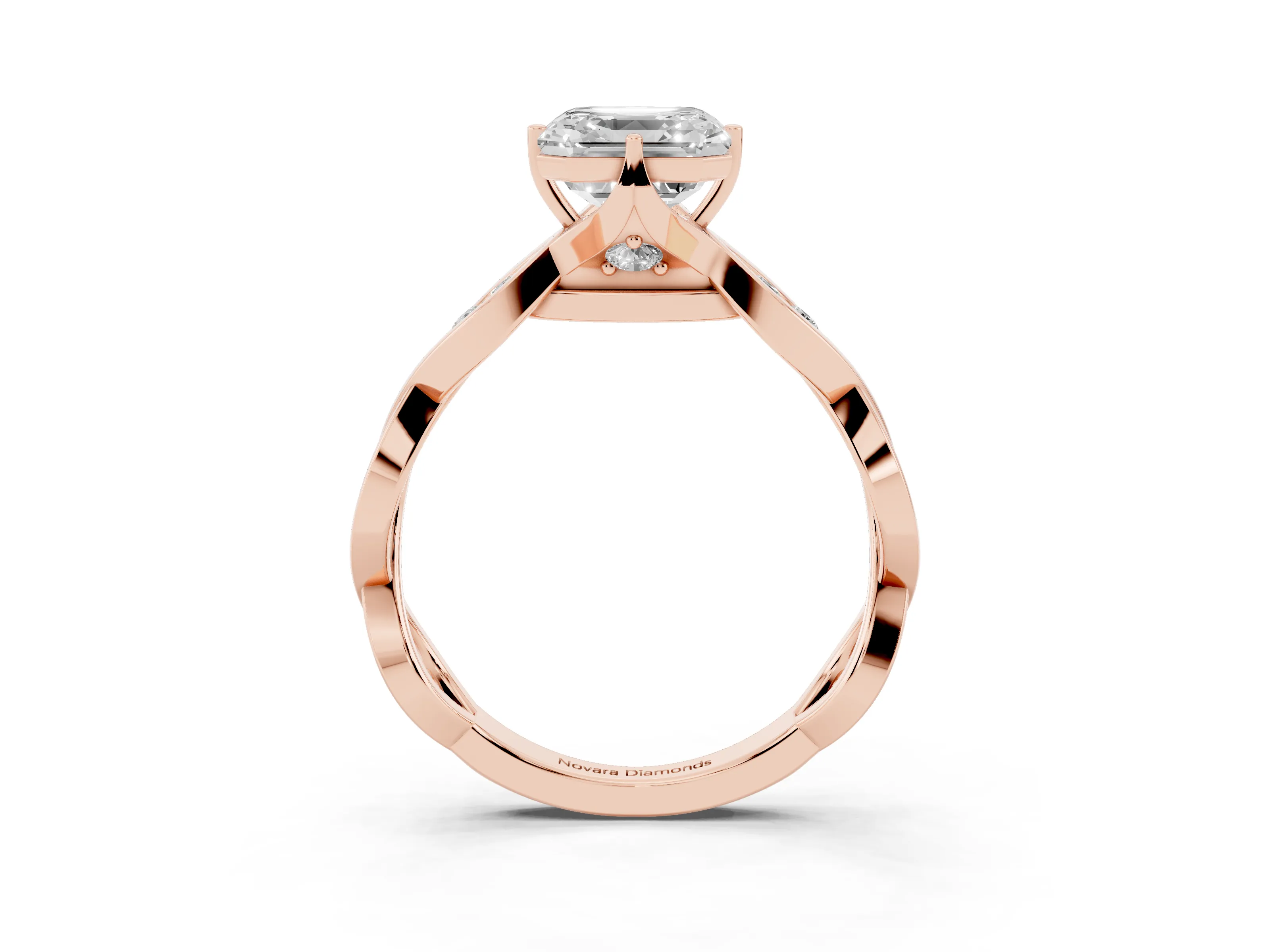 Asscher Cut Diamond Twist Band Solitaire Ring Set in Rose gold with Leaf Prong Setting and Accent Stones