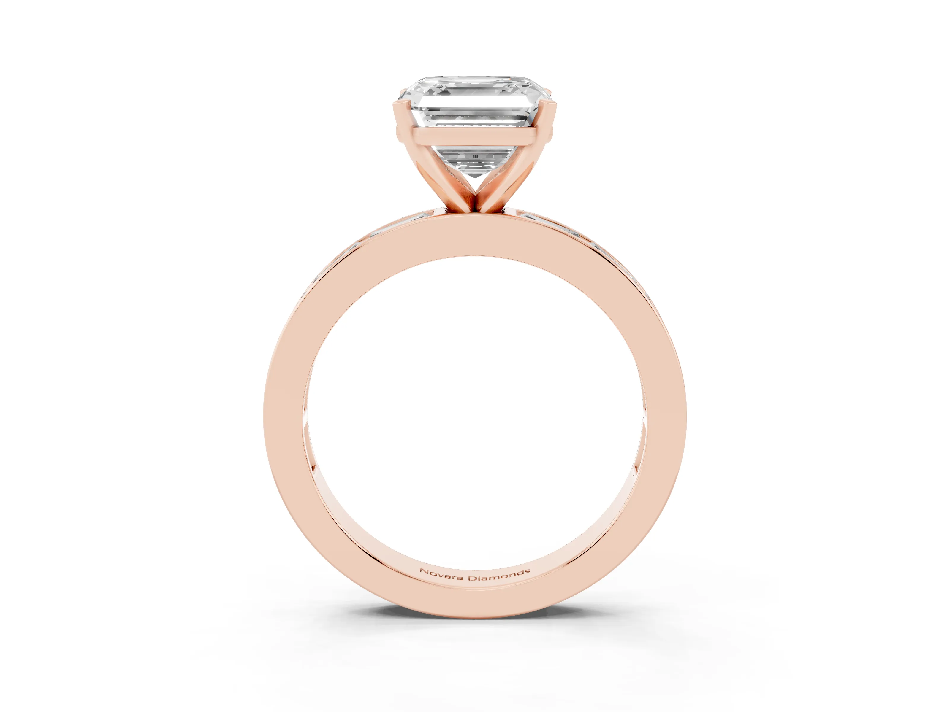 Asscher Cut Diamond Solitaire Ring Set in Rose gold with Channel-Set Baguette Band and Prong Setting