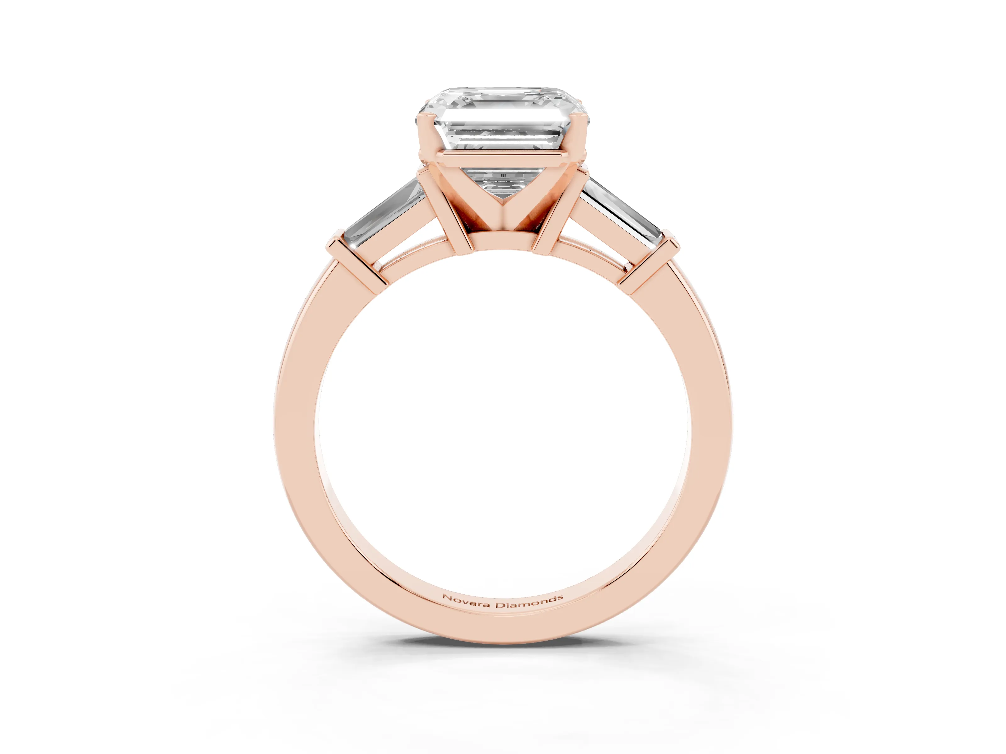 Asscher Cut Diamond Solitaire Ring Set in Rose gold with Tapered Baguette Accents and Prong Setting