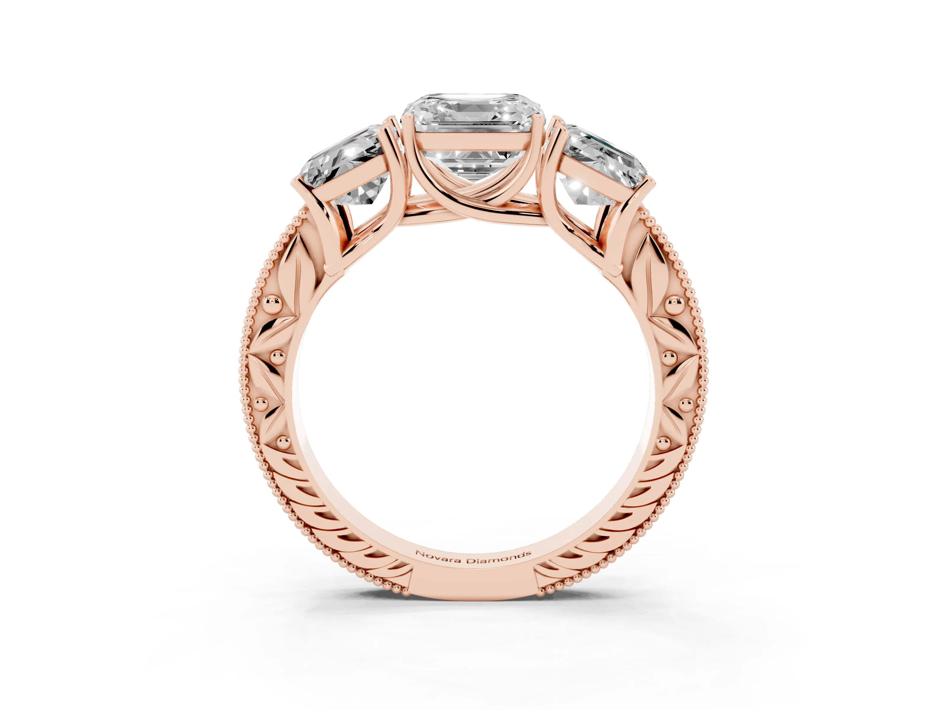 Asscher Cut Diamond Three-Stone Engagement Ring Set in Rose gold with Milgrain Pavé Band
