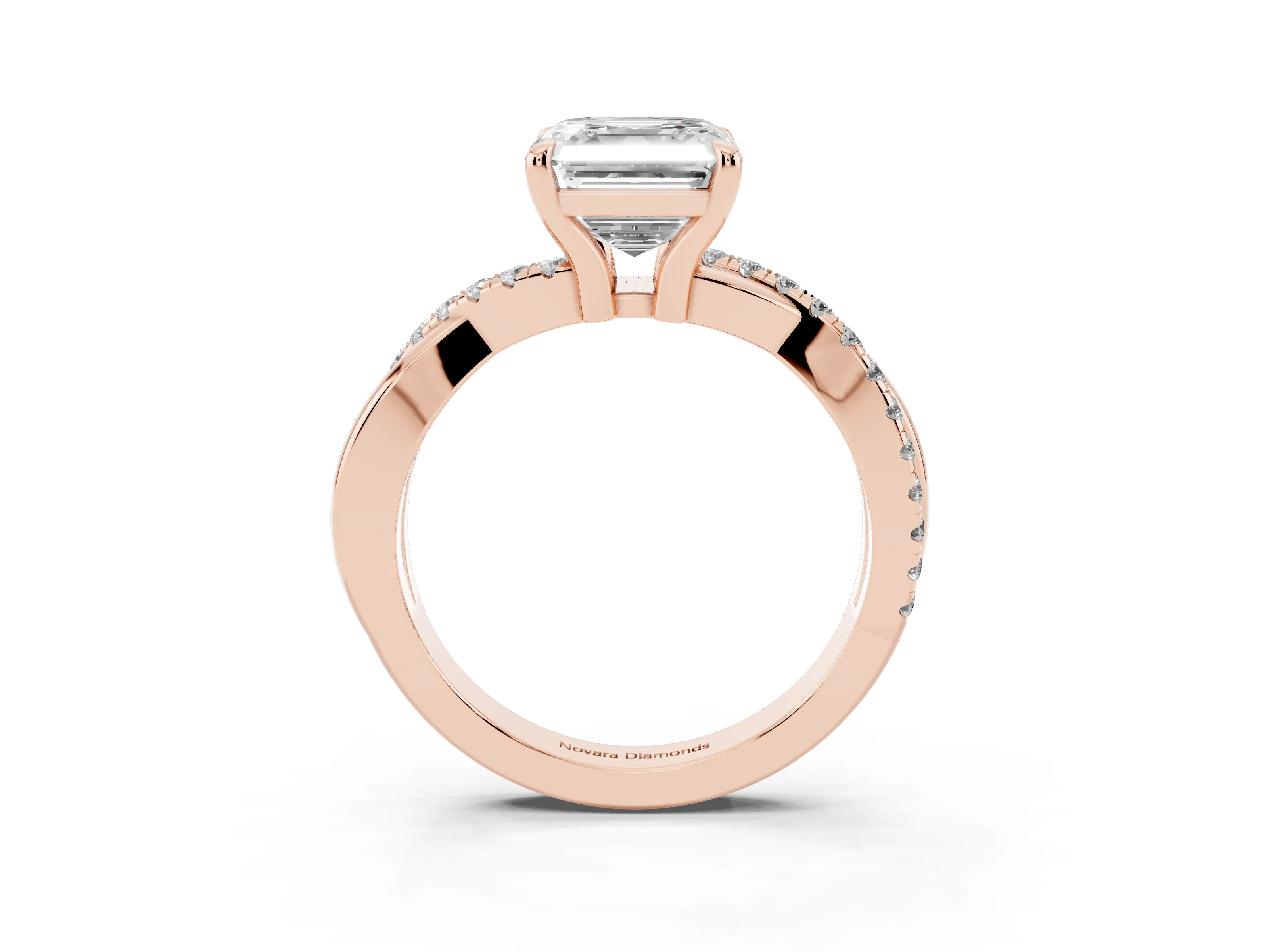 Asscher Cut Diamond Twist Band Pavé Solitaire Ring Set in Rose gold with Prong Setting
