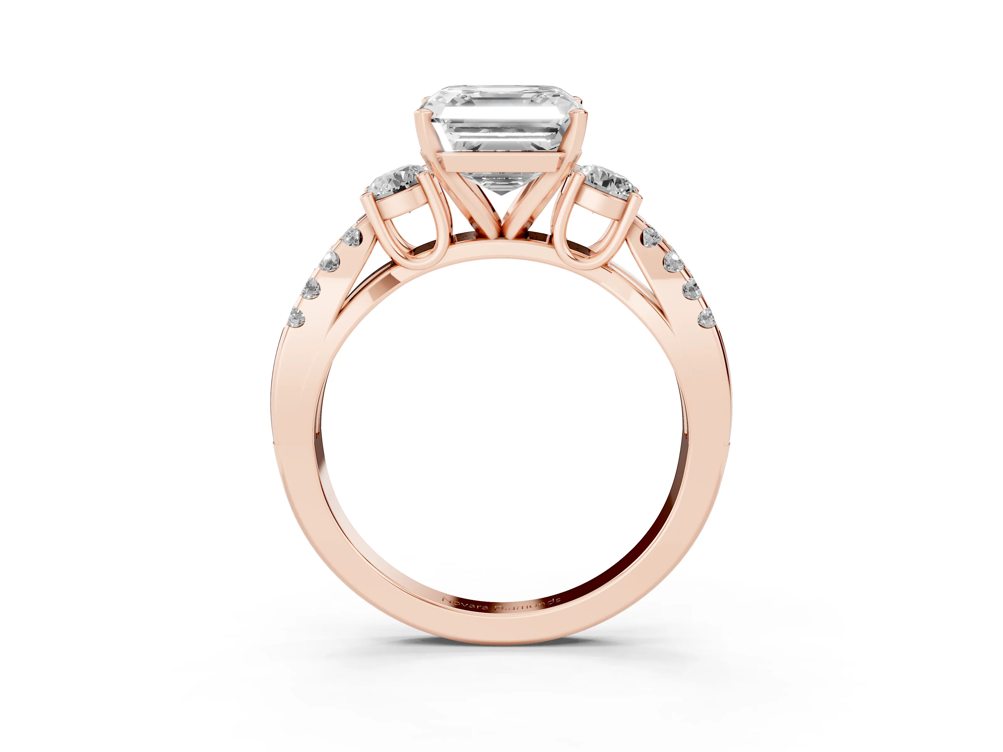 Asscher Cut Diamond Three-Stone Ring Set in Rose gold with Pavé Split Shank and Prong Setting