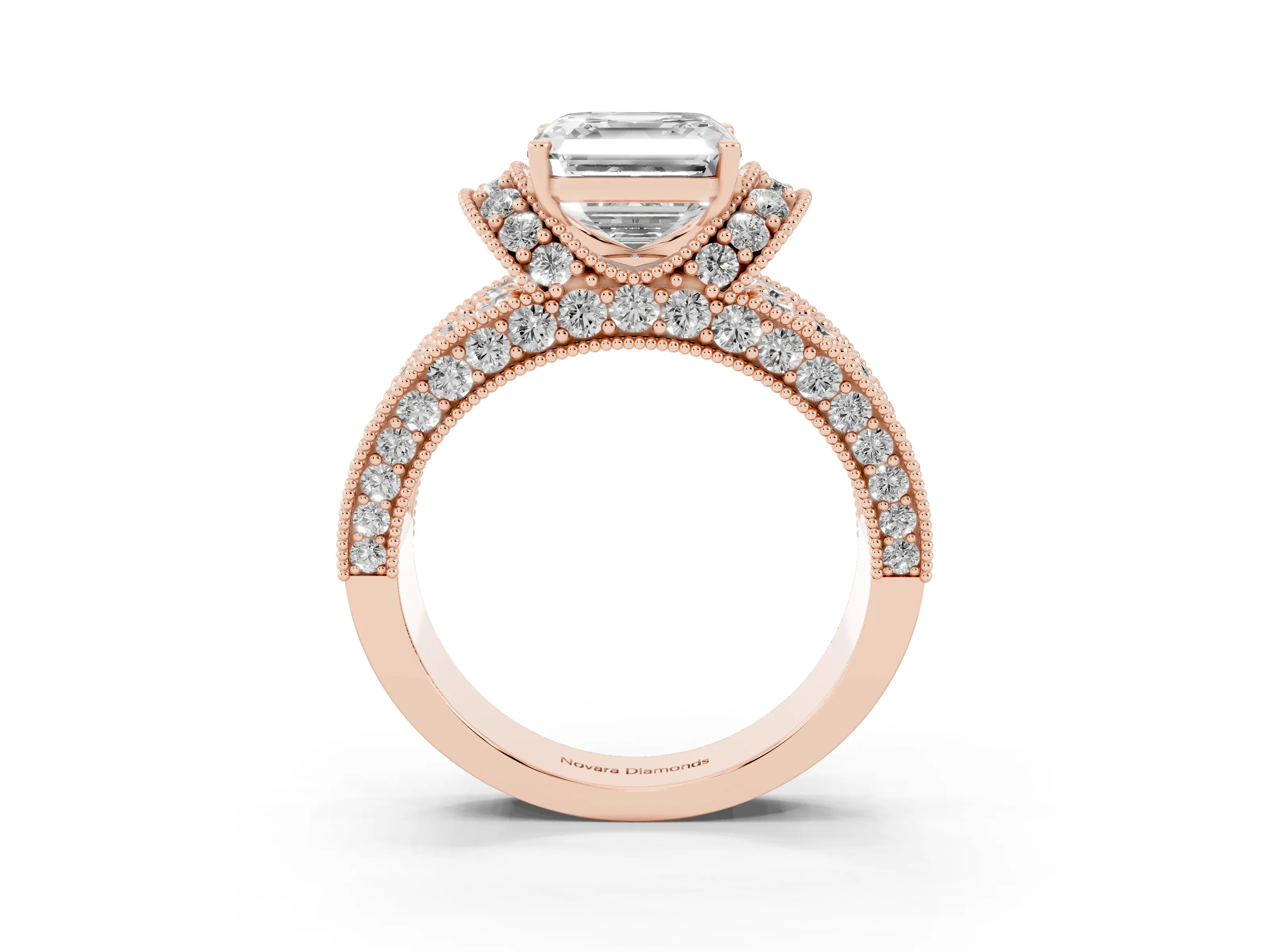Asscher Cut Diamond Milgrain Halo Pavé Engagement Ring Set in Rose gold with Prong Setting