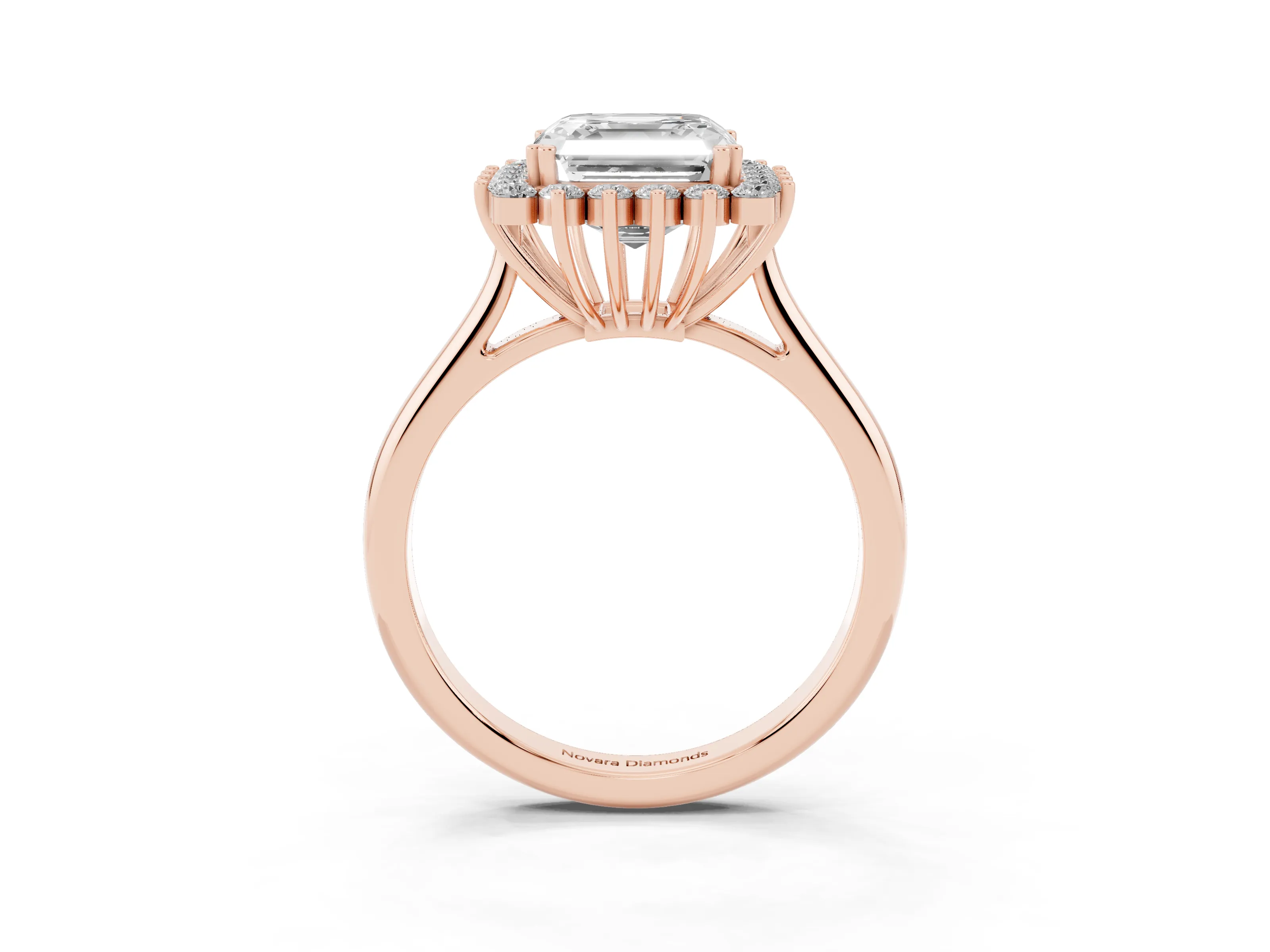 Asscher Cut Diamond Halo Ring Set in Rose gold with Plain Solitaire Band and Prong Setting