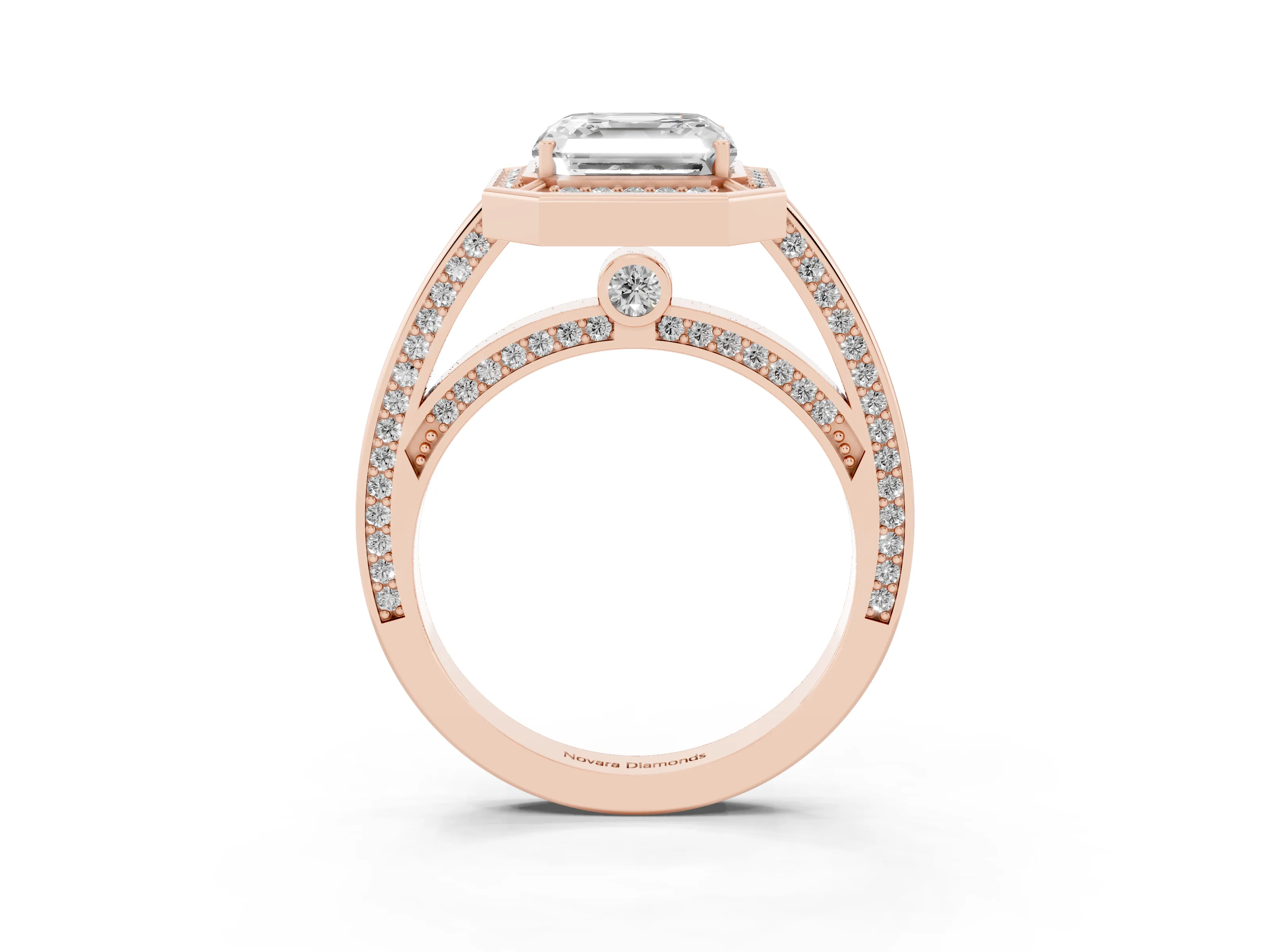 Asscher Cut Diamond Halo Pavé Split Shank Ring Set in Rose gold with Prong Setting