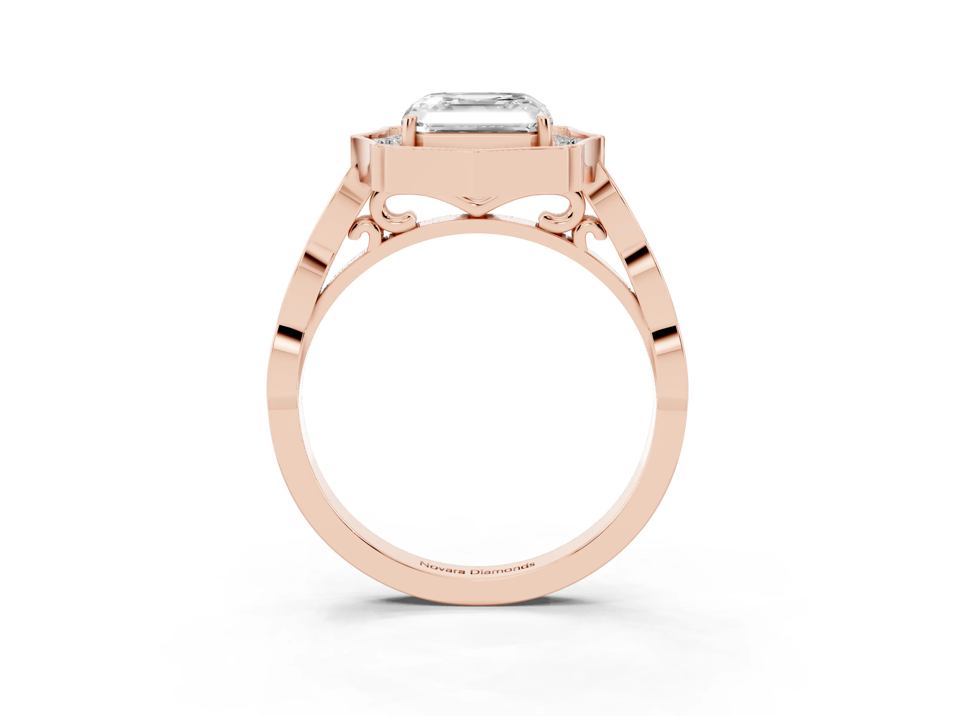 Asscher Cut Diamond Halo Engagement Ring Set in Rose gold with Milgrain Band and Prong Setting