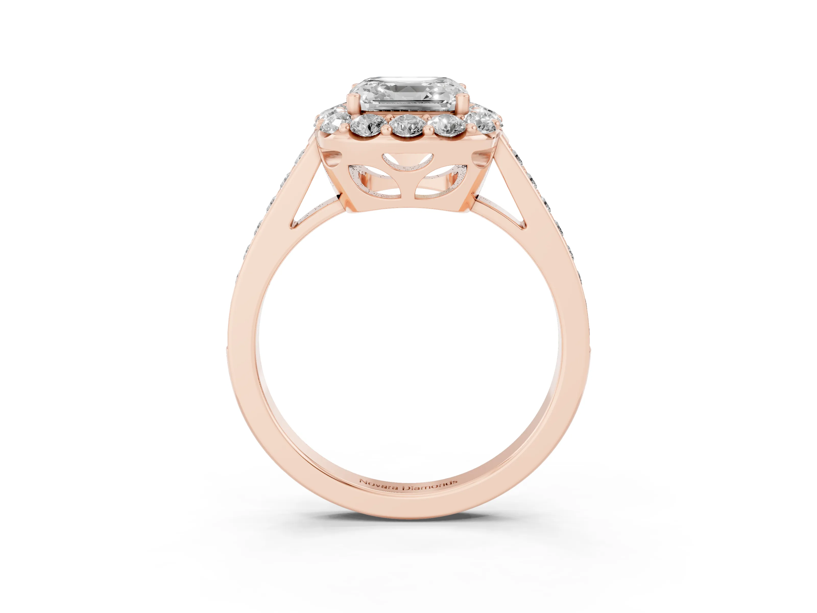 Asscher Cut Diamond Floral Halo Ring Set in Rose gold with Pavé Band and Prong Setting