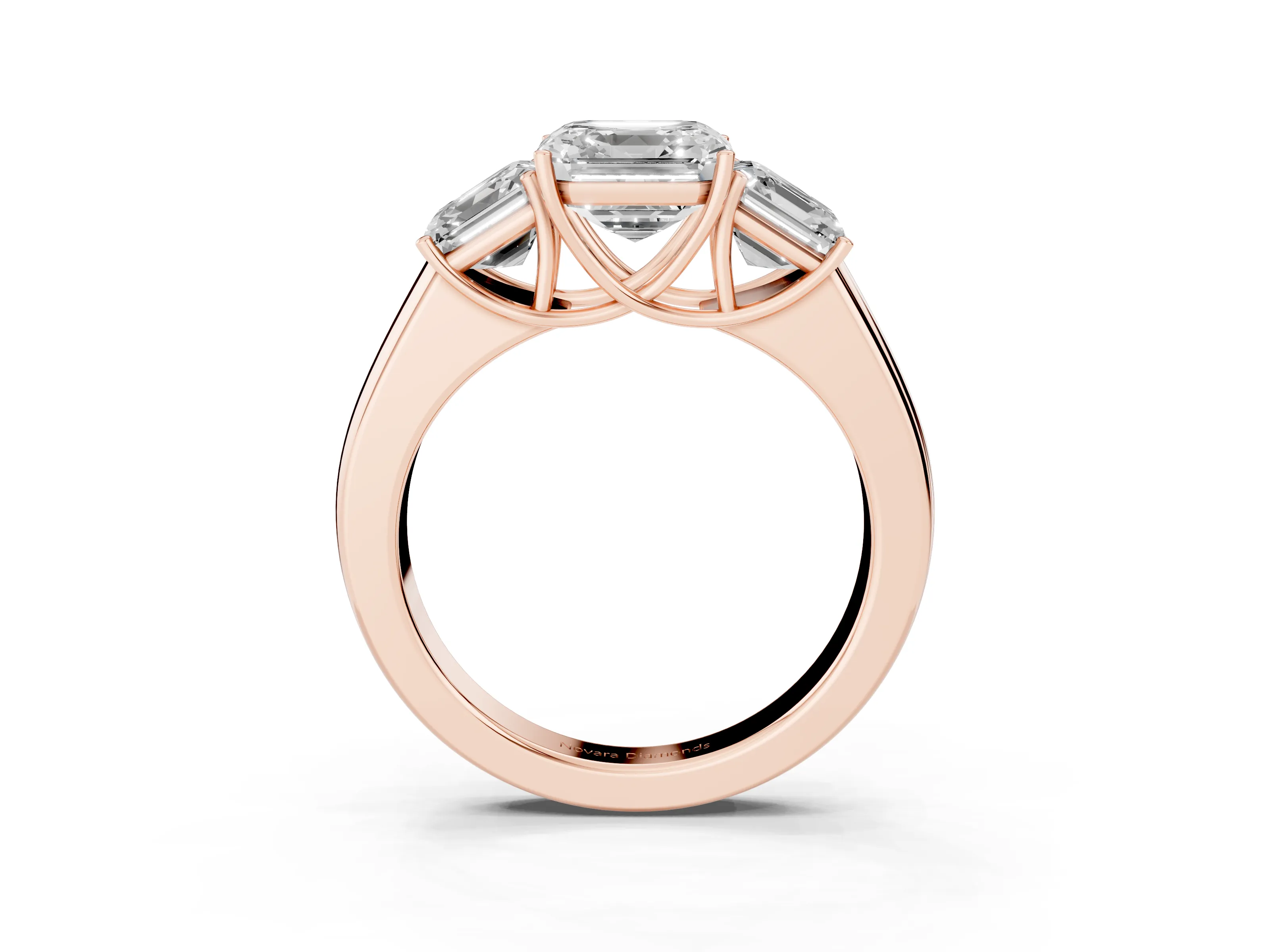 Three-Stone Asscher Cut Diamond Ring Set in Rose gold with Matching Prong Settings and Plain Band