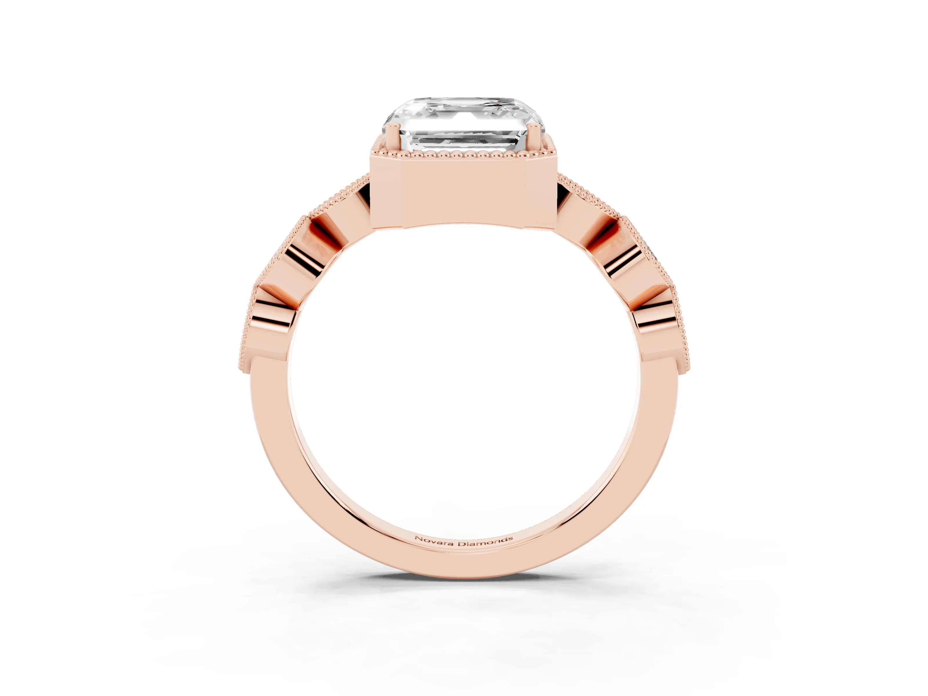 Asscher Cut Diamond Vintage-Inspired Milgrain Ring Set in Rose gold with Marquise Stations of Round Accents