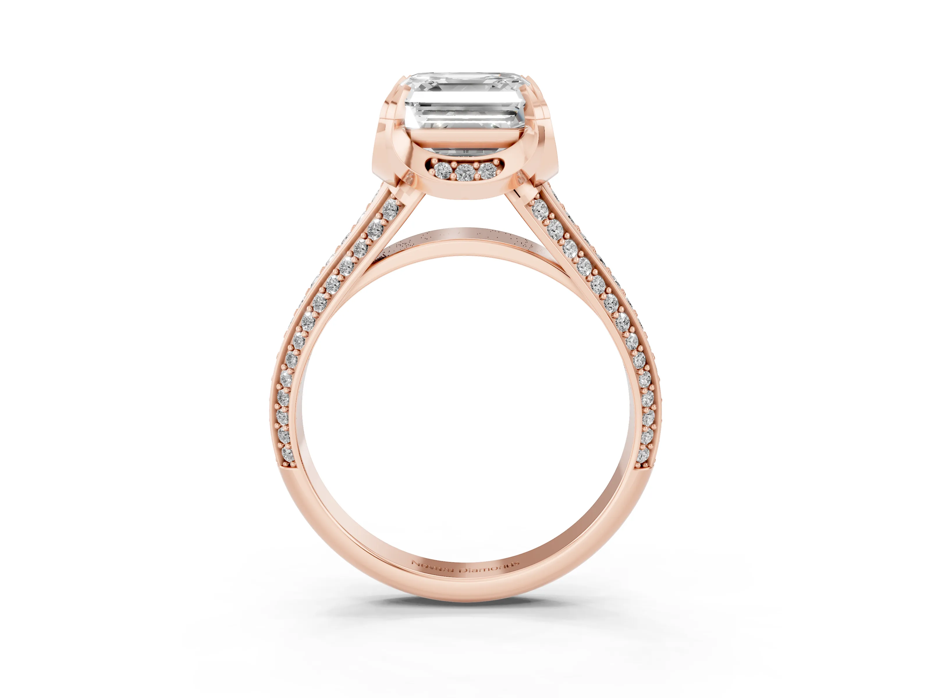 Asscher Cut Diamond Pavé Split Shank Solitaire Ring Set in Rose gold with Prong Setting