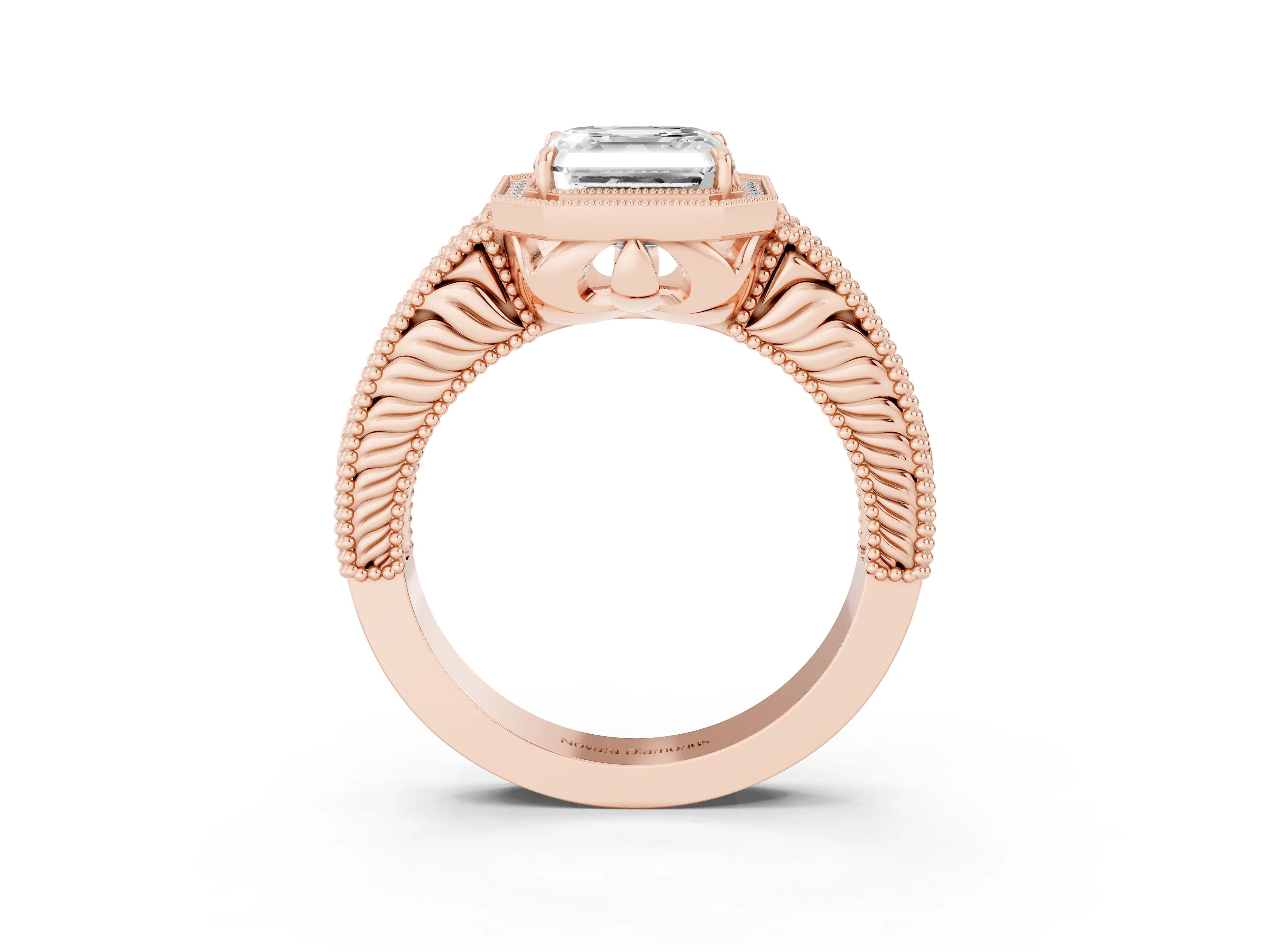 Asscher Cut Diamond Halo Ring Set in Rose gold with Round Accent Halo, Pavé Band and Prong Setting
