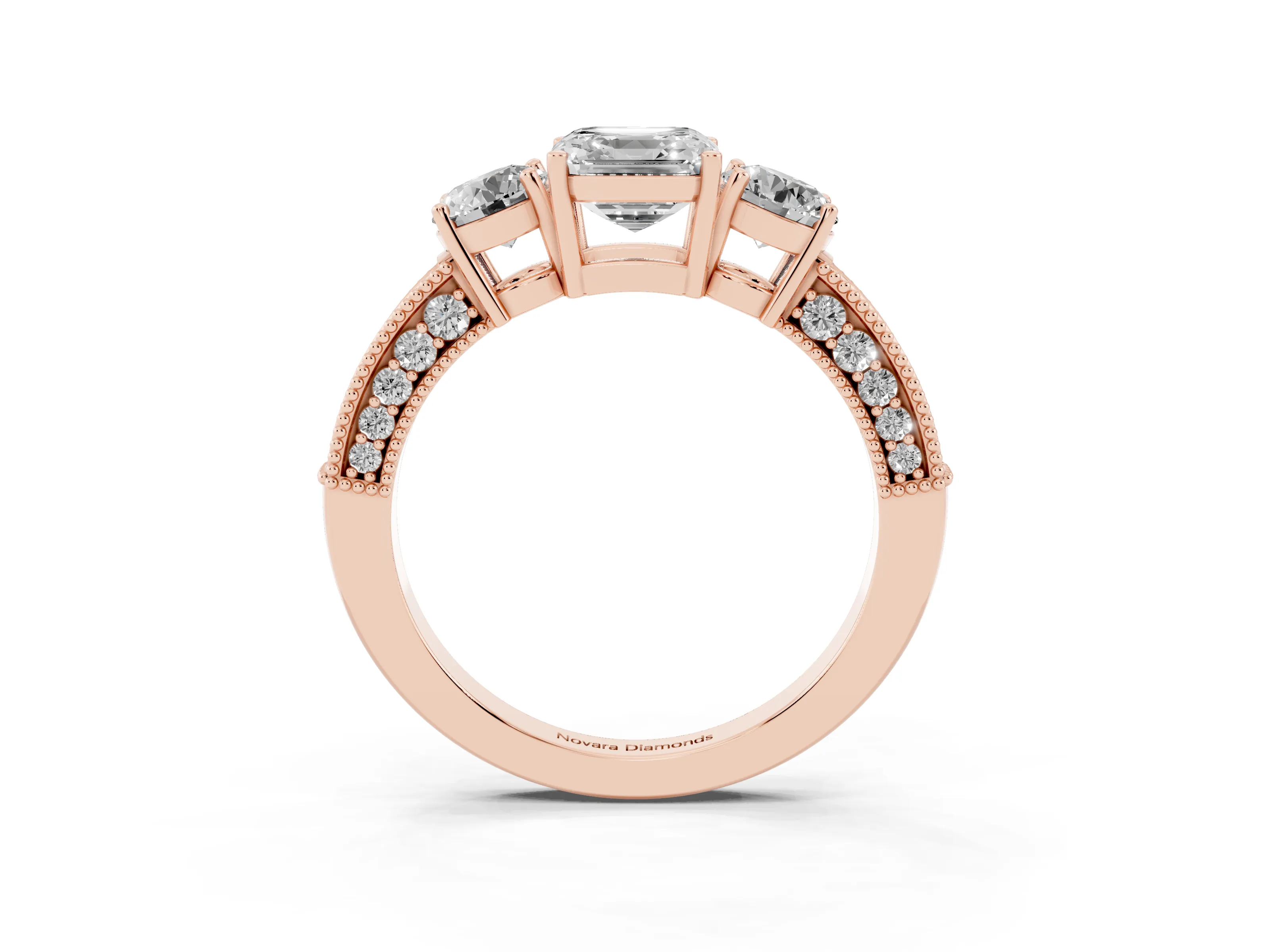Asscher Cut Diamond Three-Stone Ring Set in Rose gold with Round Side Stones and Pavé Band
