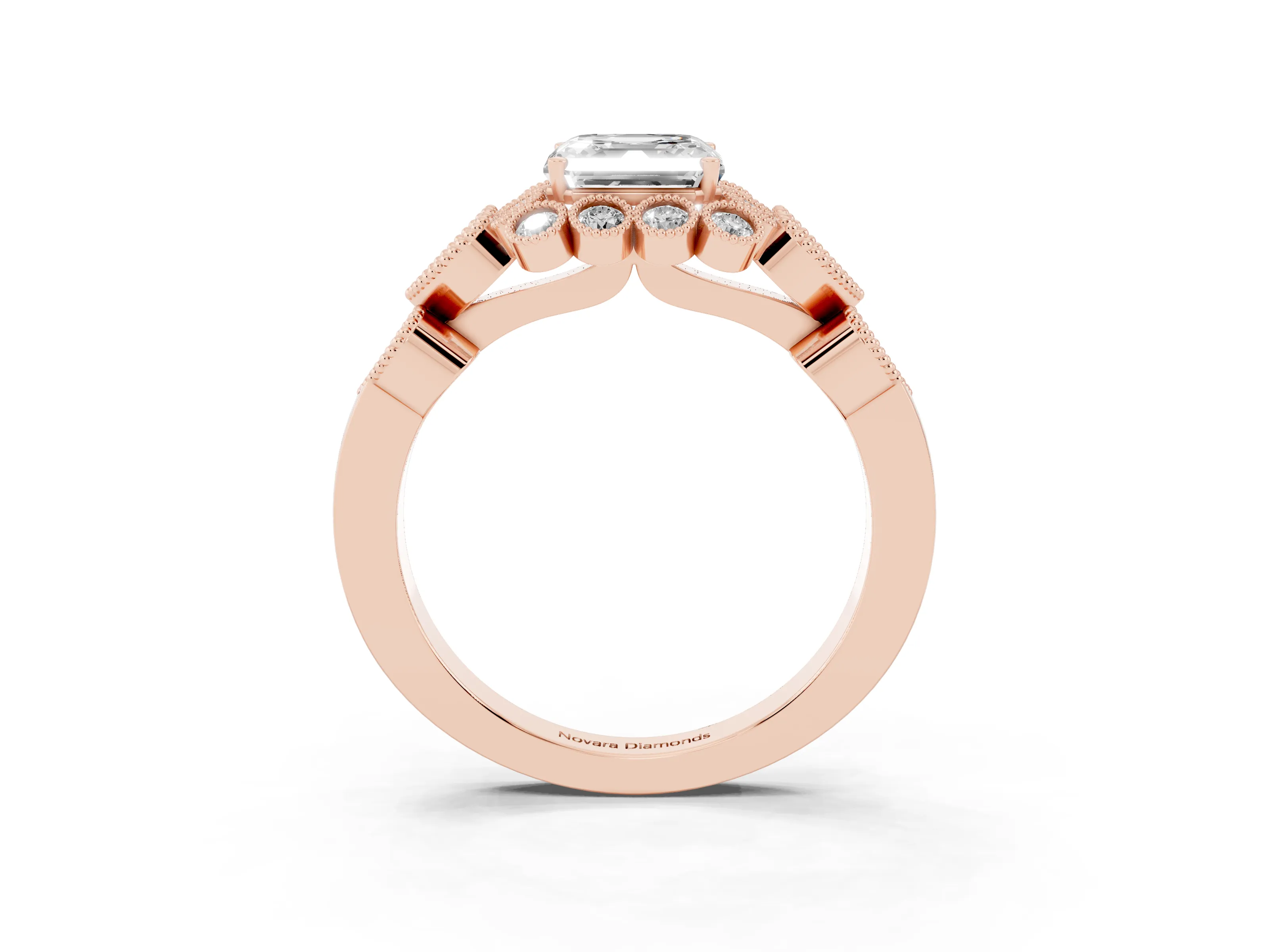 Asscher Cut Diamond Solitaire Ring Set in Rose gold with Milgrain Pavé Heart Band