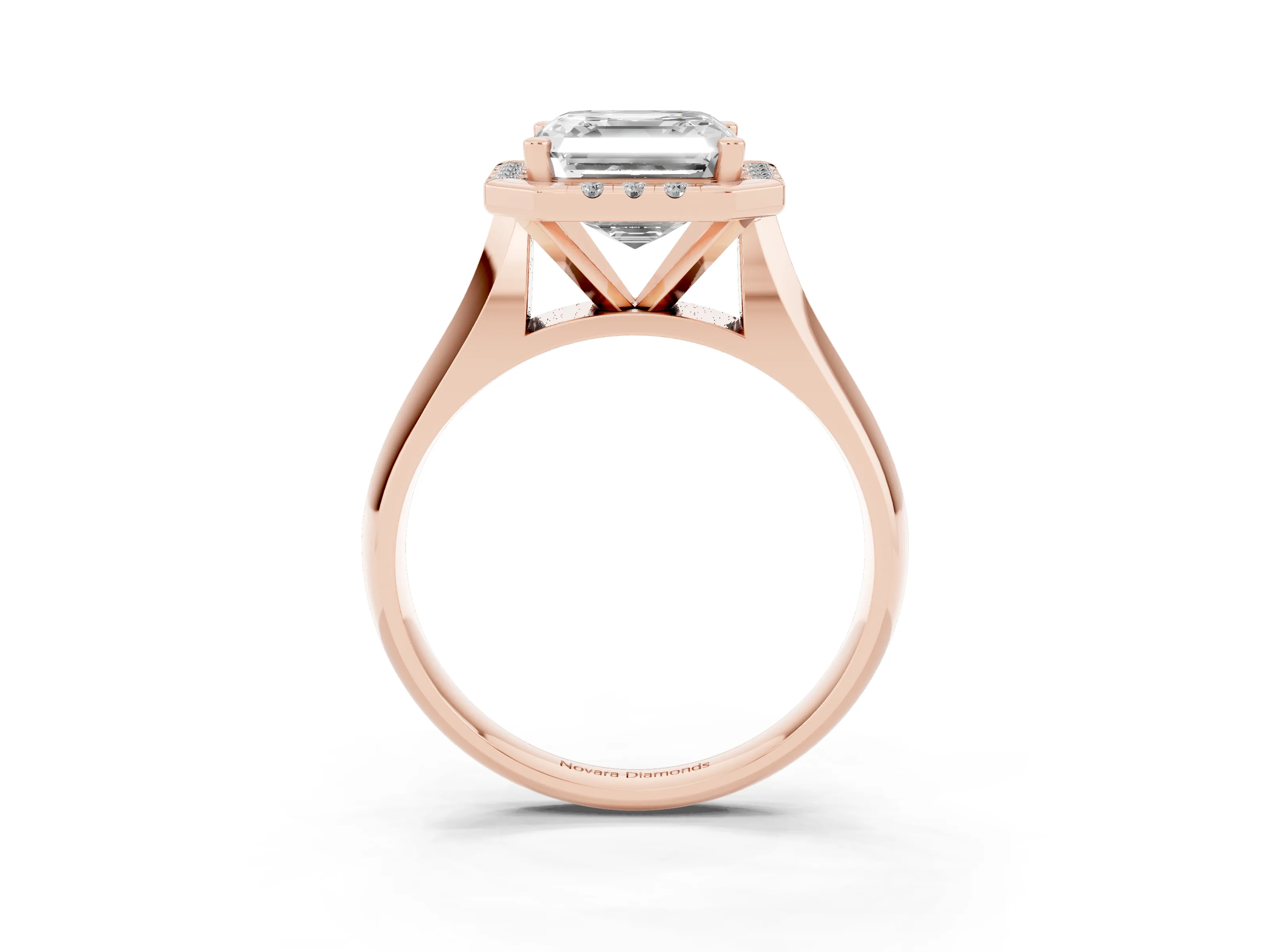 Asscher Cut Diamond Halo Solitaire Engagement Ring Set in Rose gold with Square Band and Prong Setting