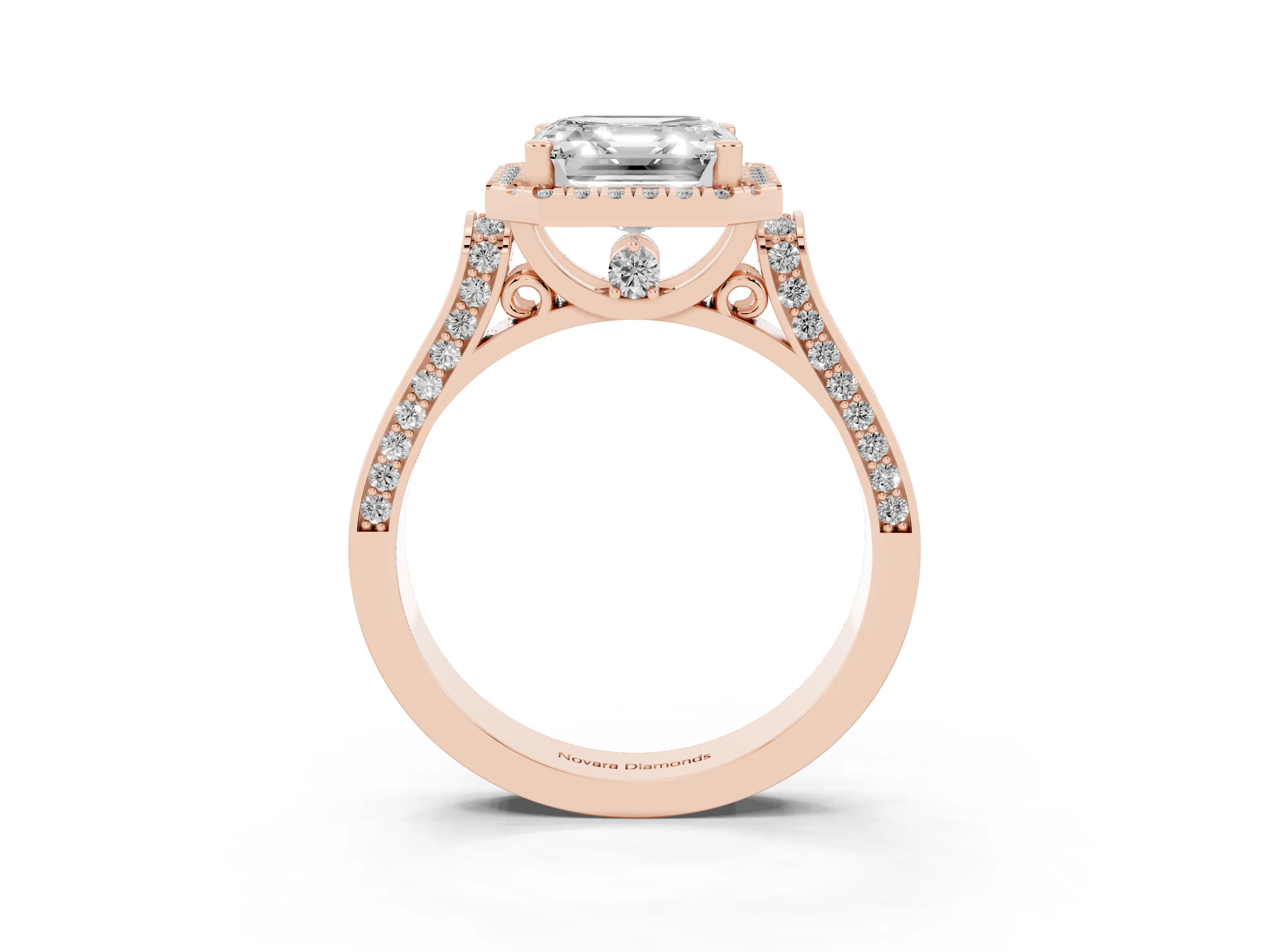 Asscher Cut Diamond Halo Ring Set in Rose gold with Pavé-Lined Split Shank Band