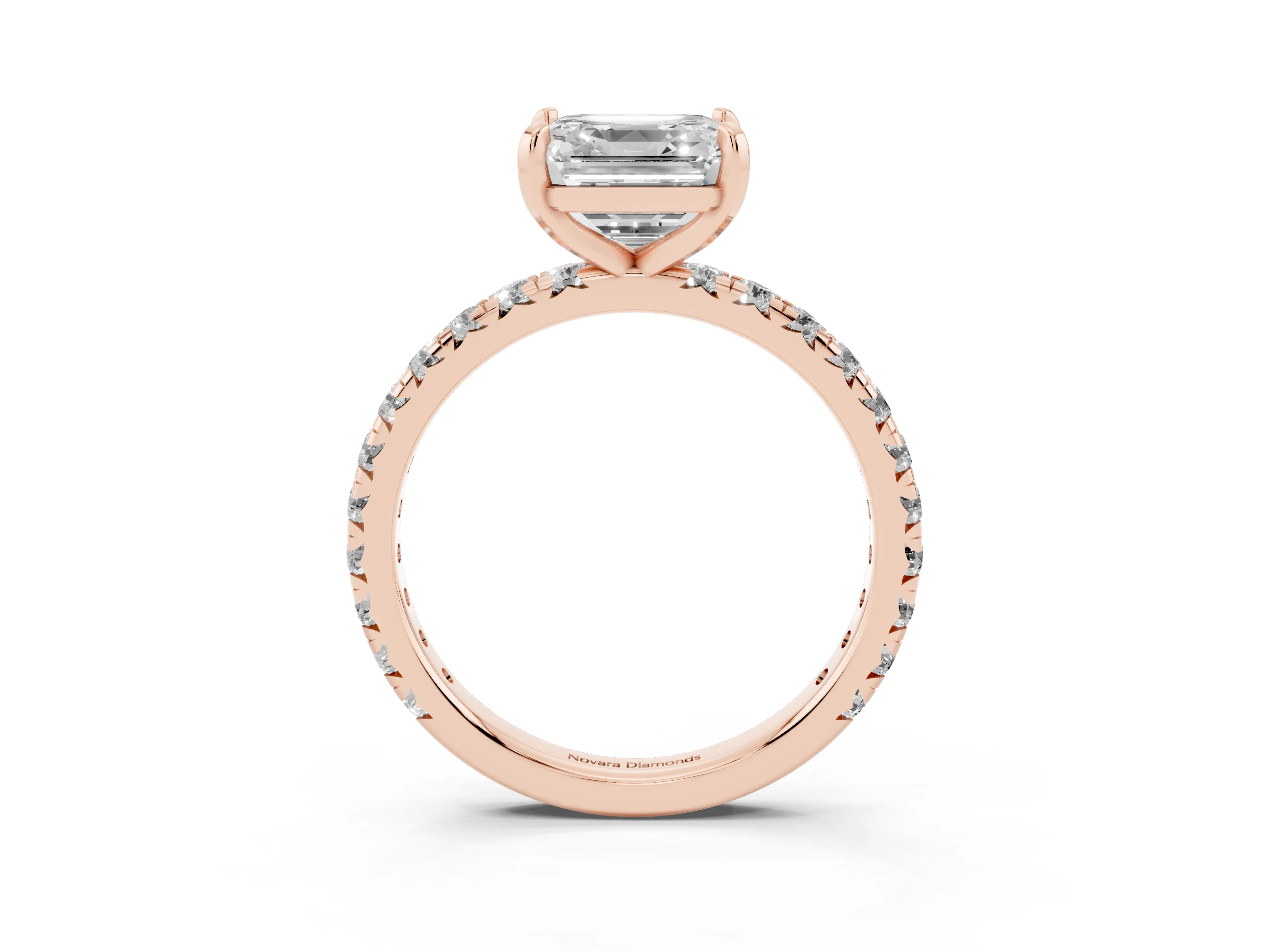 Asscher Cut Diamond Pavé Solitaire Ring Set in Rose gold with Round Band and Prong Setting