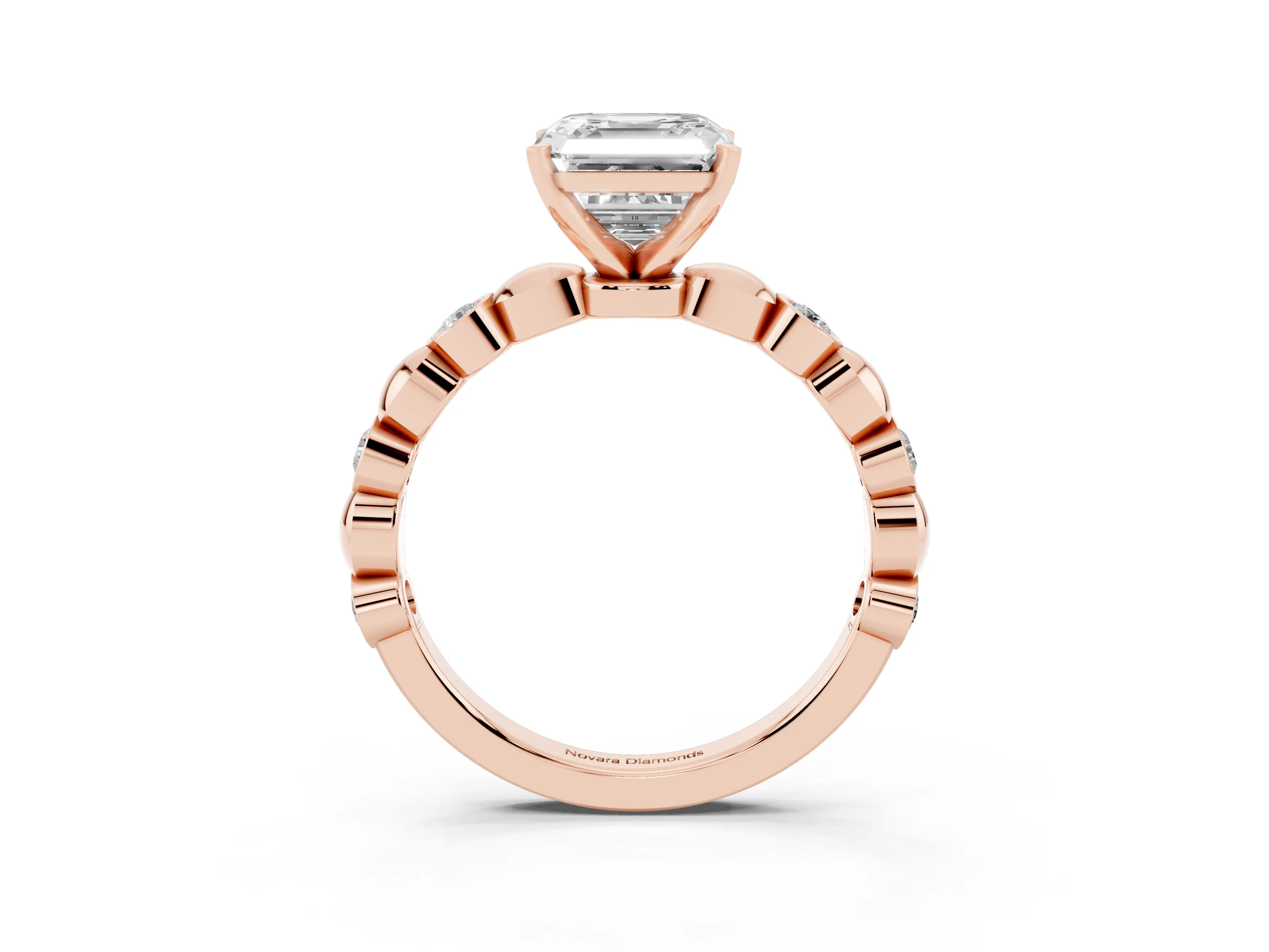 Asscher Cut Diamond Solitaire Ring Set in Rose gold with Bezel-Set Accents on Beaded Band and Prong Setting
