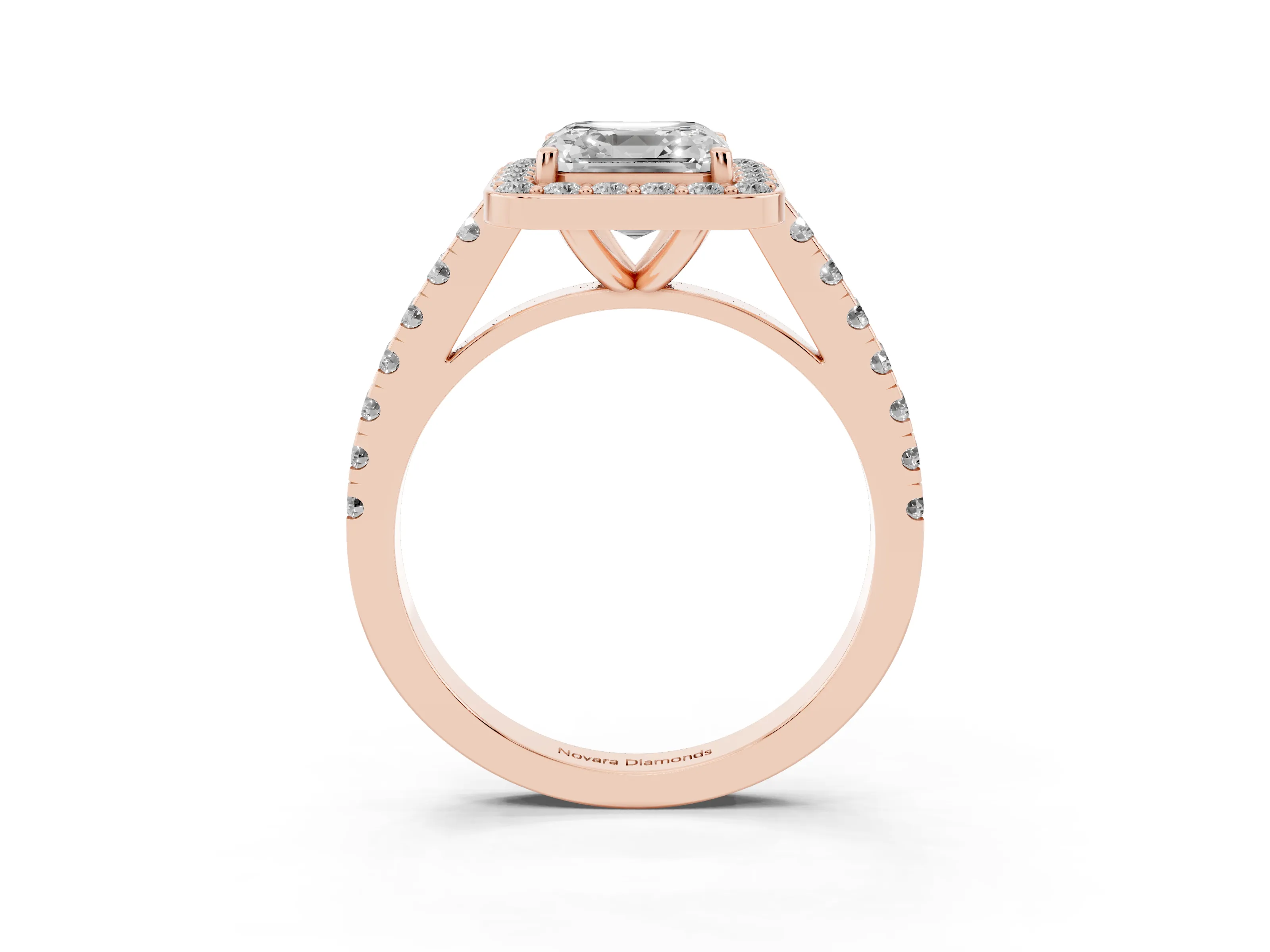 Asscher Cut Diamond Halo Ring Set in Rose gold with Round Pavé Split Shank and Prong Setting