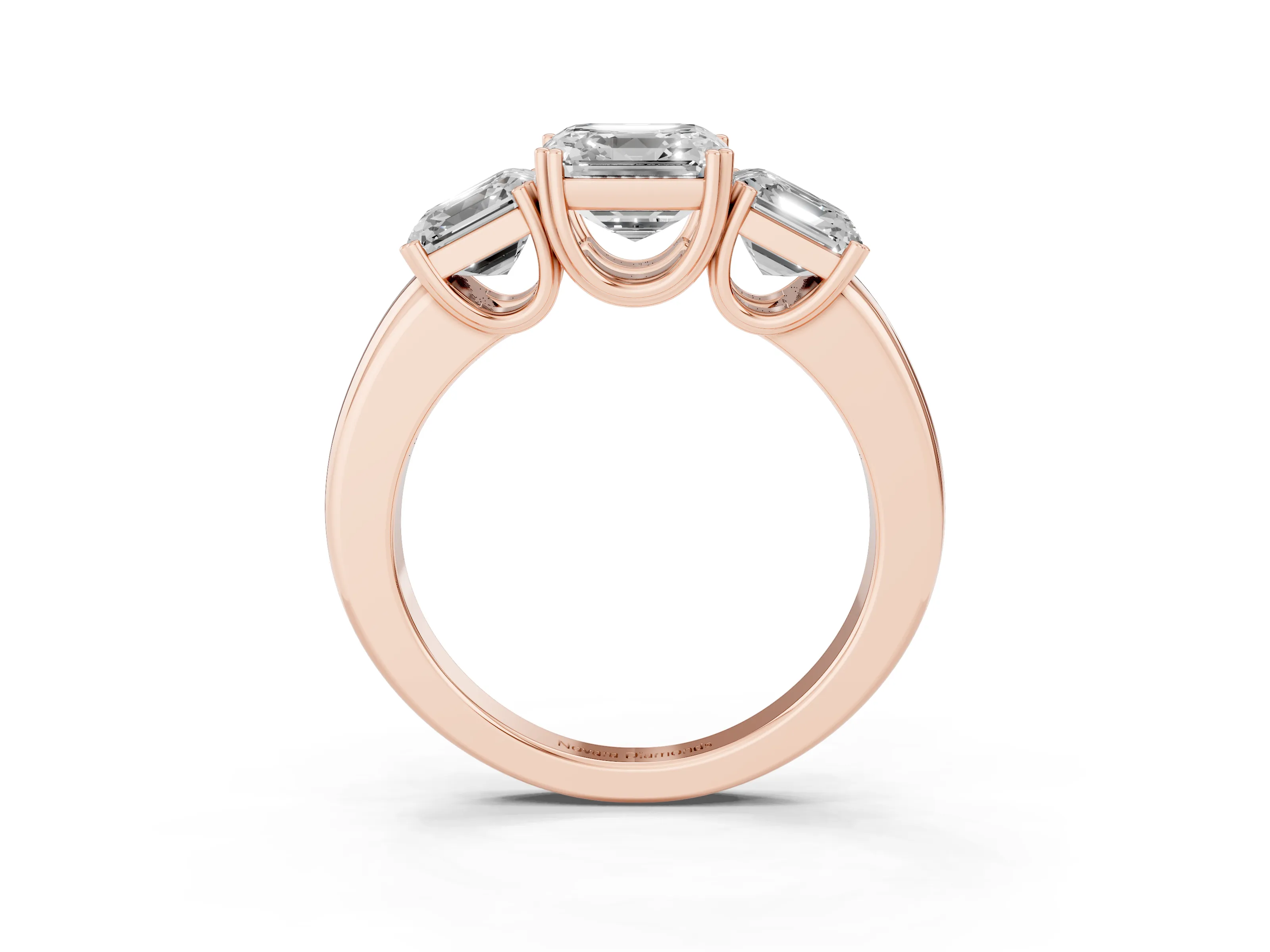 Asscher Cut Diamond Three-Stone Ring Set in Rose gold with Polished Band and Prong Setting