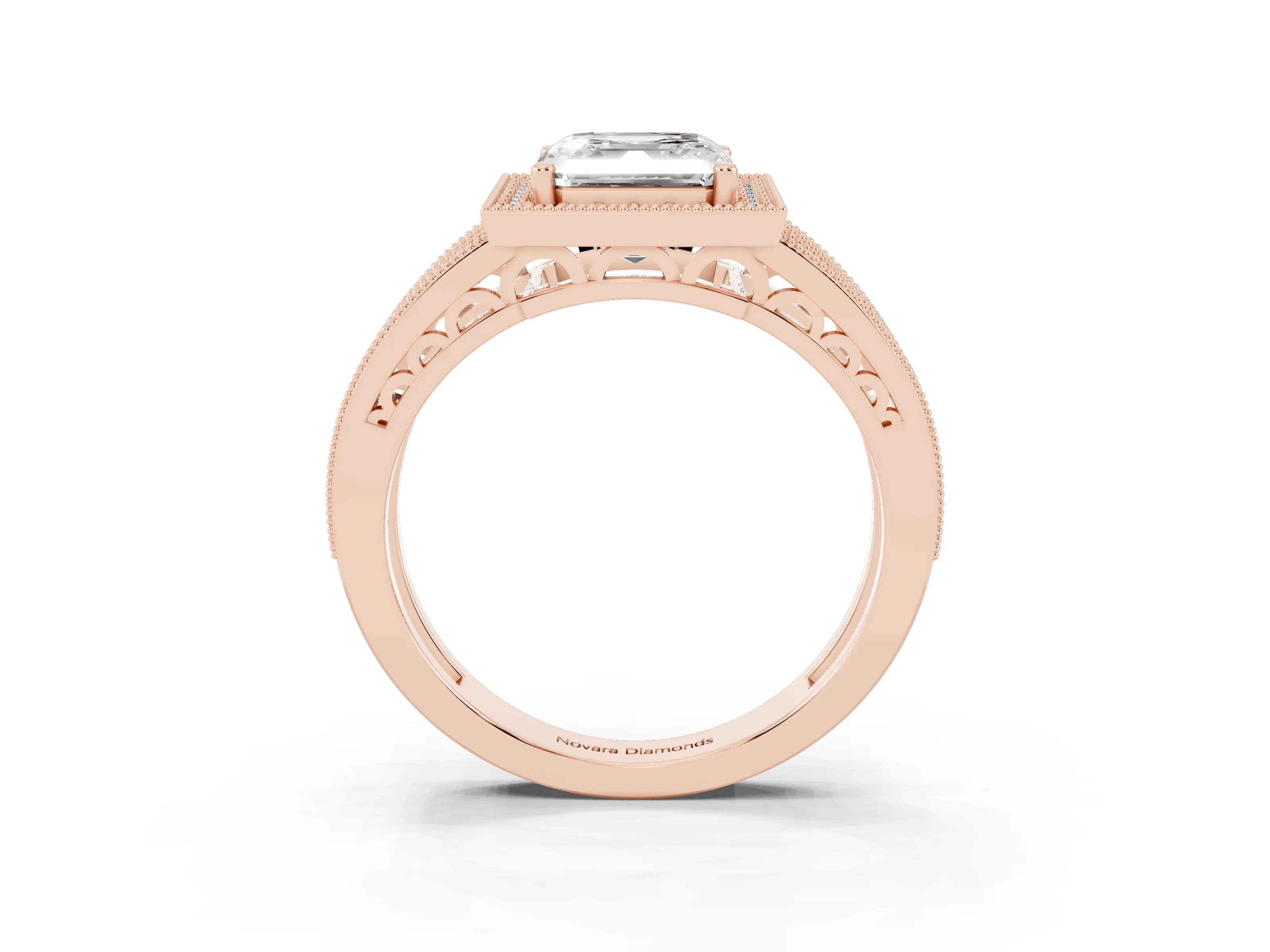Asscher Cut Diamond Halo Ring Set in Rose gold with Accent Split Shank and Prong Setting