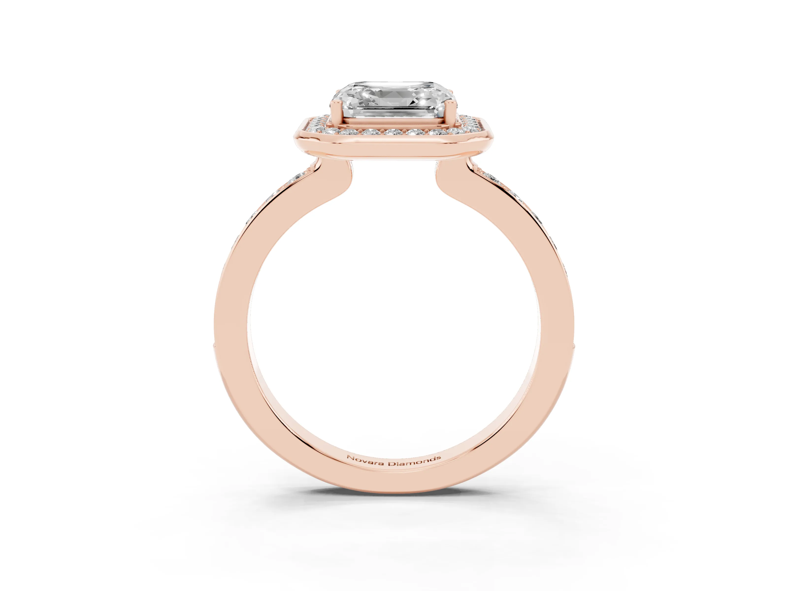 Asscher Cut Diamond Halo Ring Set in Rose gold with Bezel Frame and Pavé Band