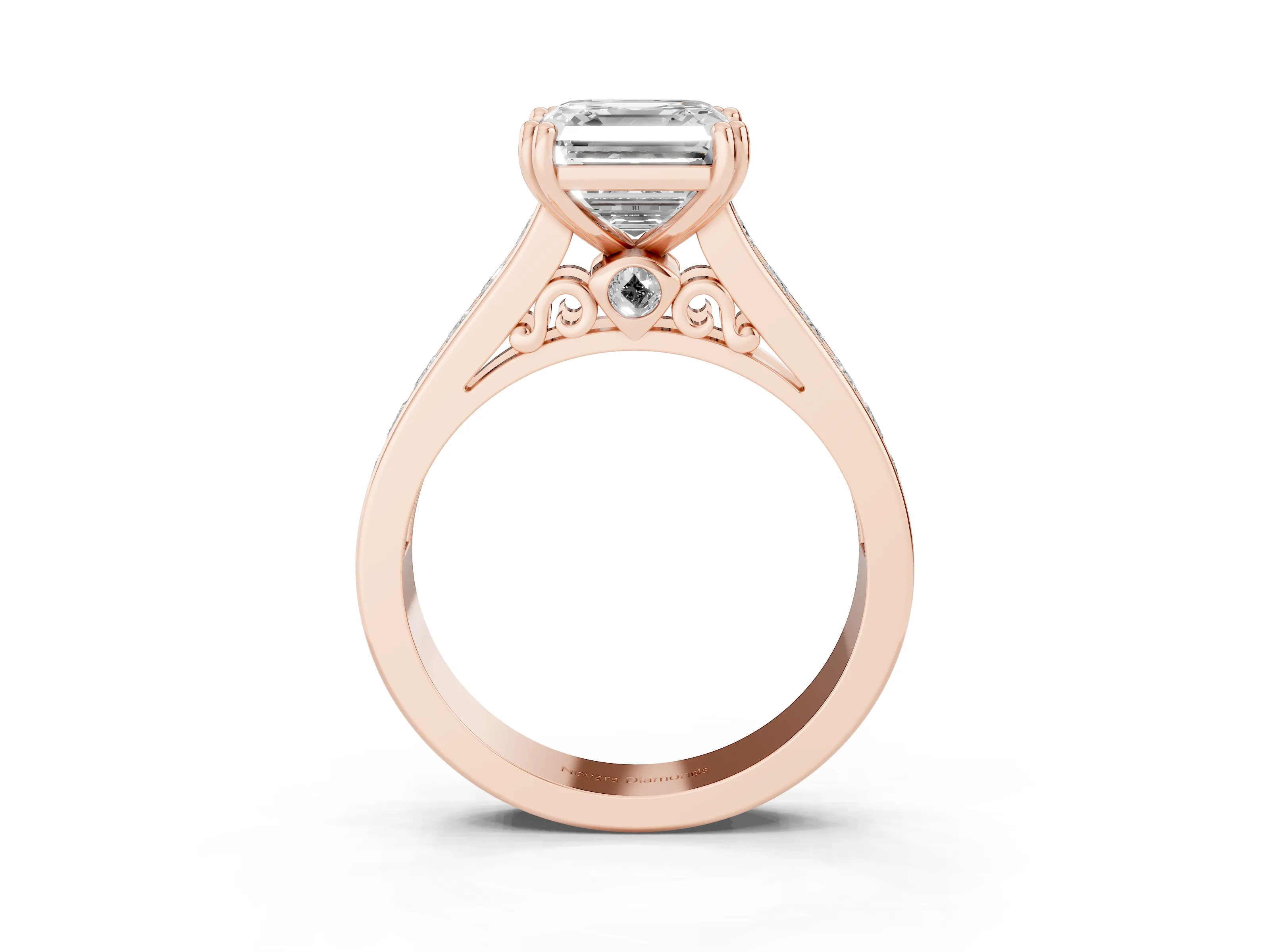 Asscher Cut Diamond Channel Set Solitaire Engagement Ring Set in Rose gold with Prong Setting