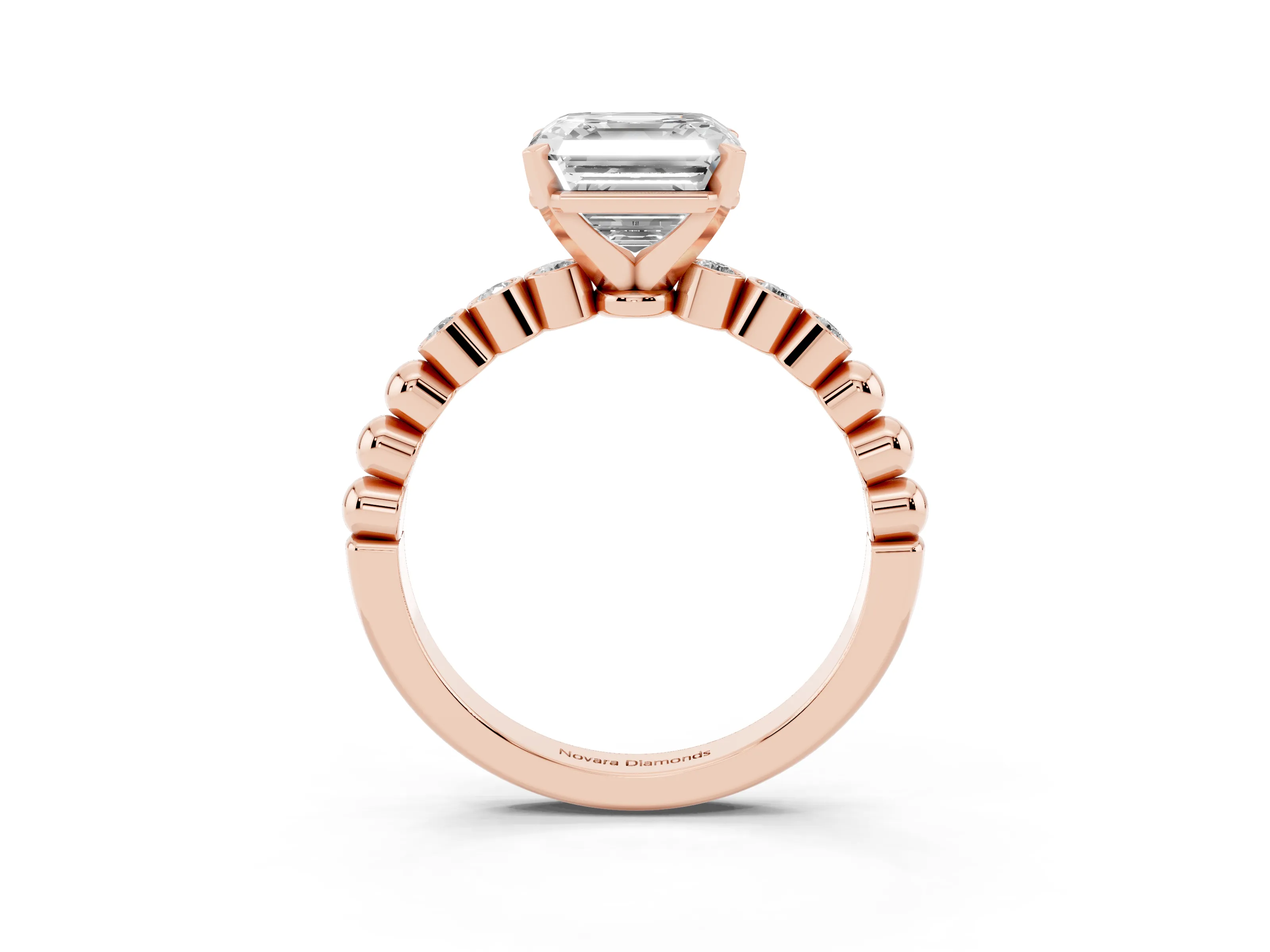 Asscher Cut Diamond Solitaire Engagement Ring Set in Rose gold with Bezel Accents on Beaded Band