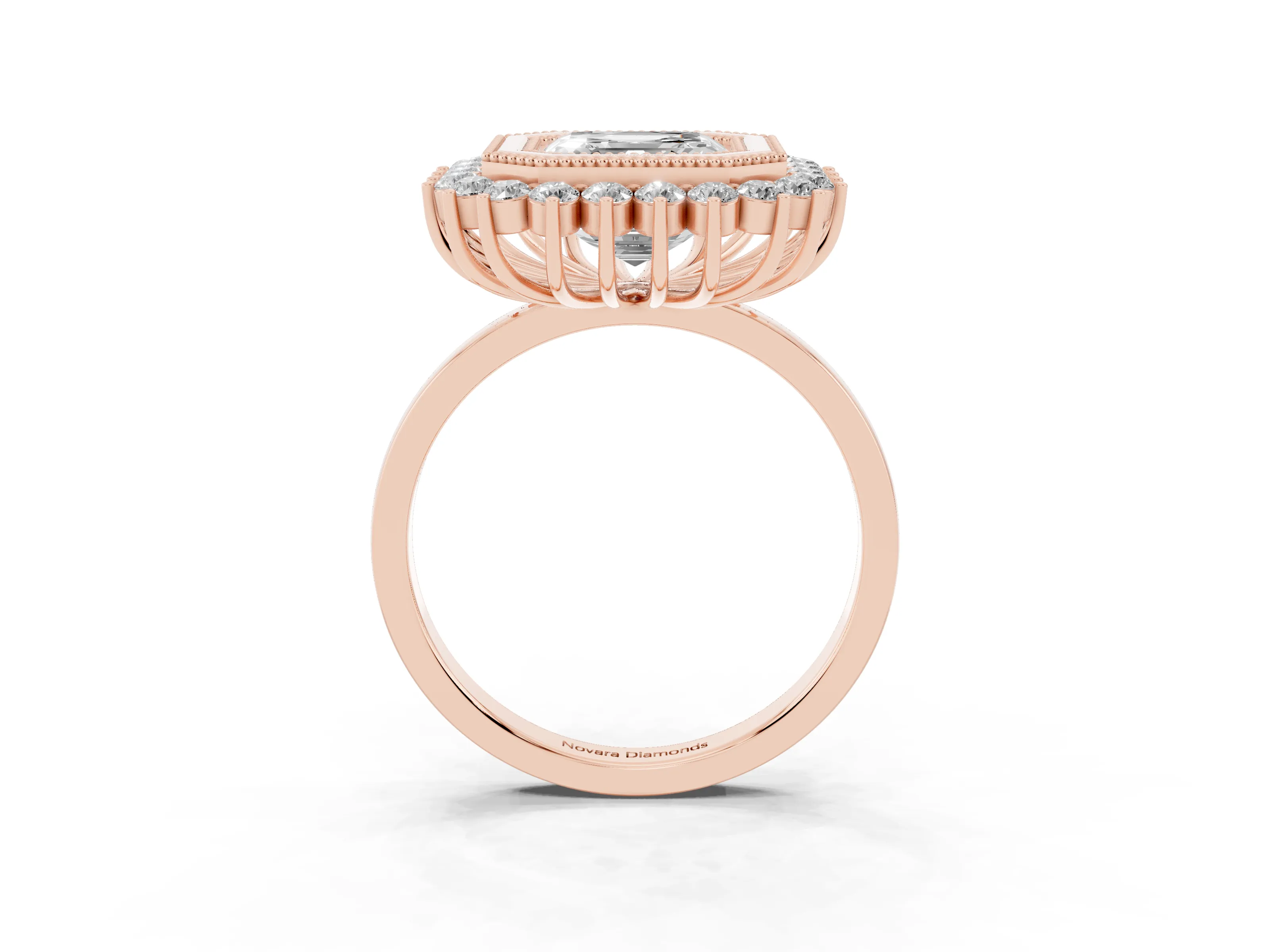 Asscher Cut Diamond Halo Ring Set in Rose gold with Milgrain Edge and Round Prong Setting