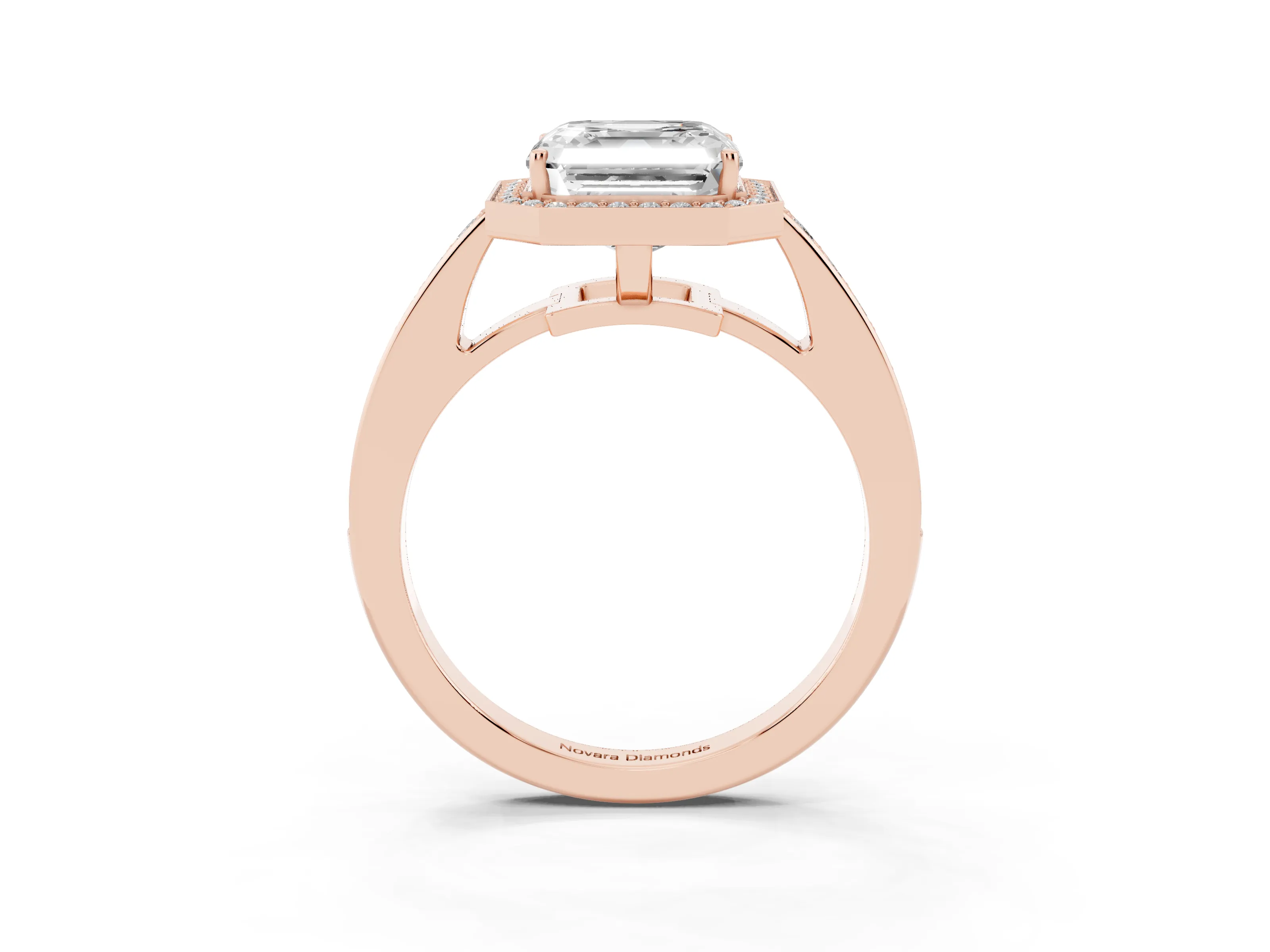 Asscher Cut Diamond Halo Pavé Engagement Ring Set in Rose gold with Bezel Setting