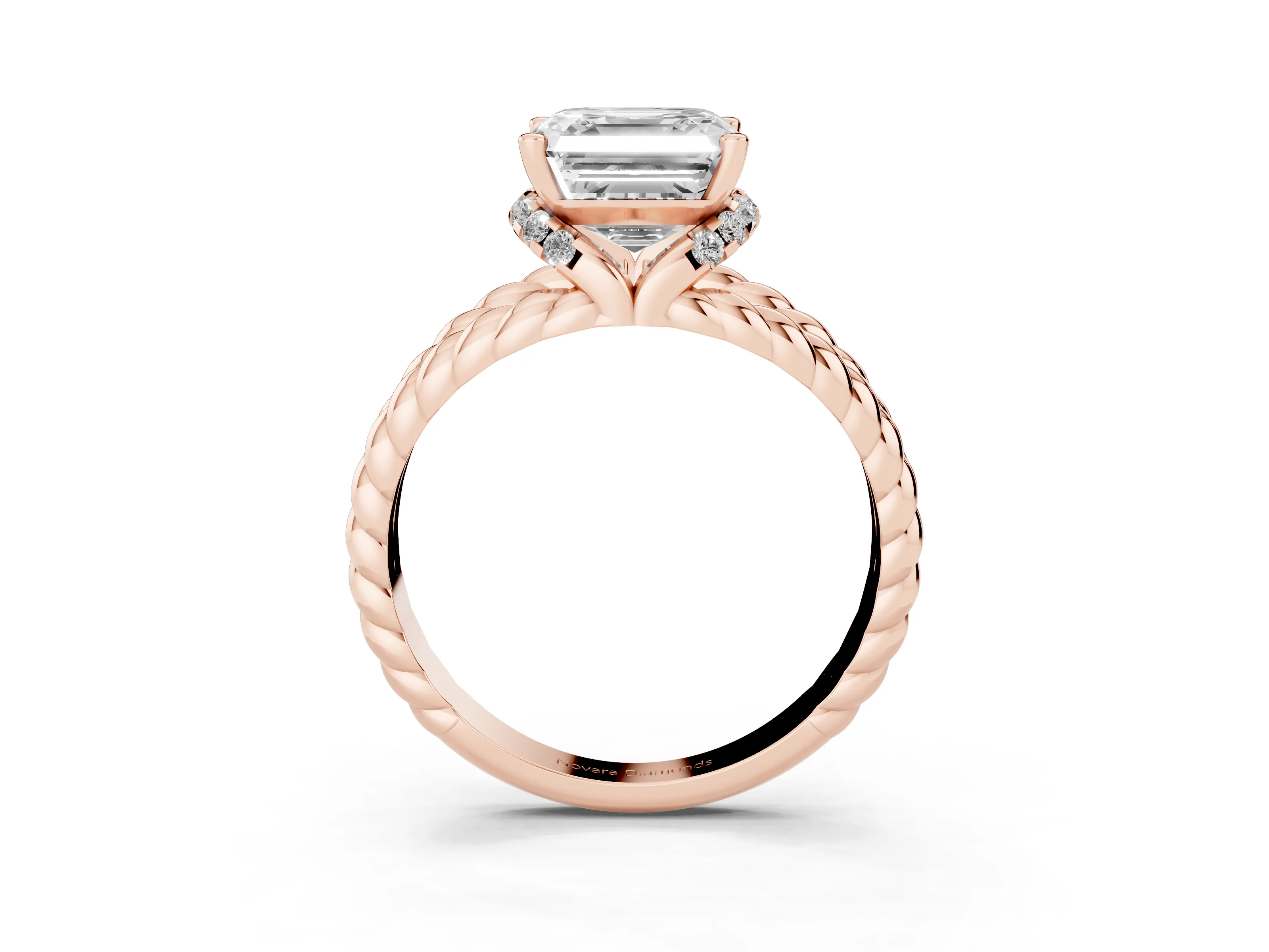 Asscher Cut Diamond Halo Ring Set in Rose gold with Twisted Band and Prong Setting