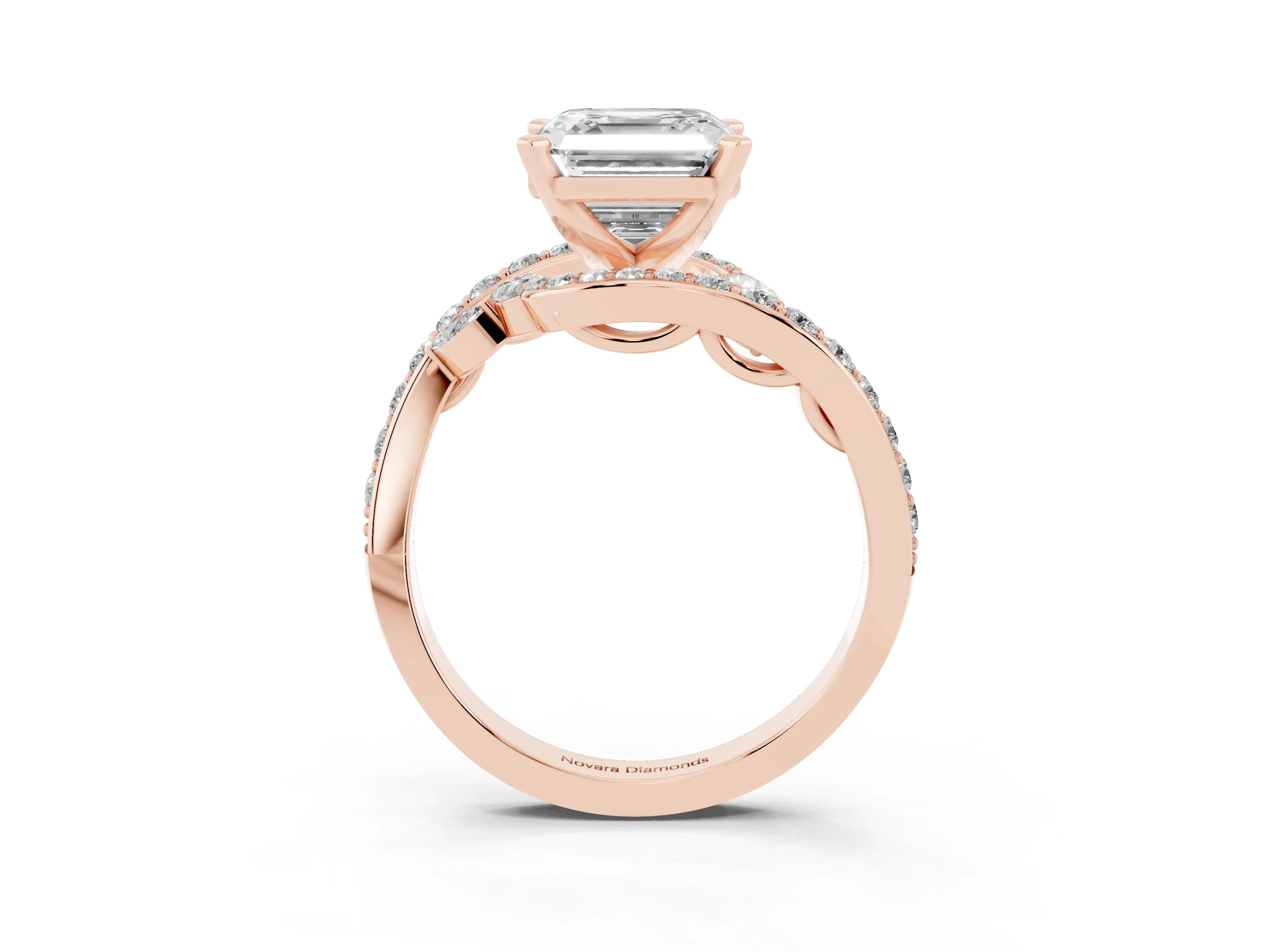 Asscher Cut Diamond Solitaire Ring Set in Rose gold with Pavé Twist Band and Secure Prong Setting